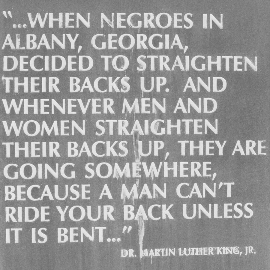 A civil rights monument bearing a quotation by the late Dr. Martin Luther King Jr., references the Albany Movement.s