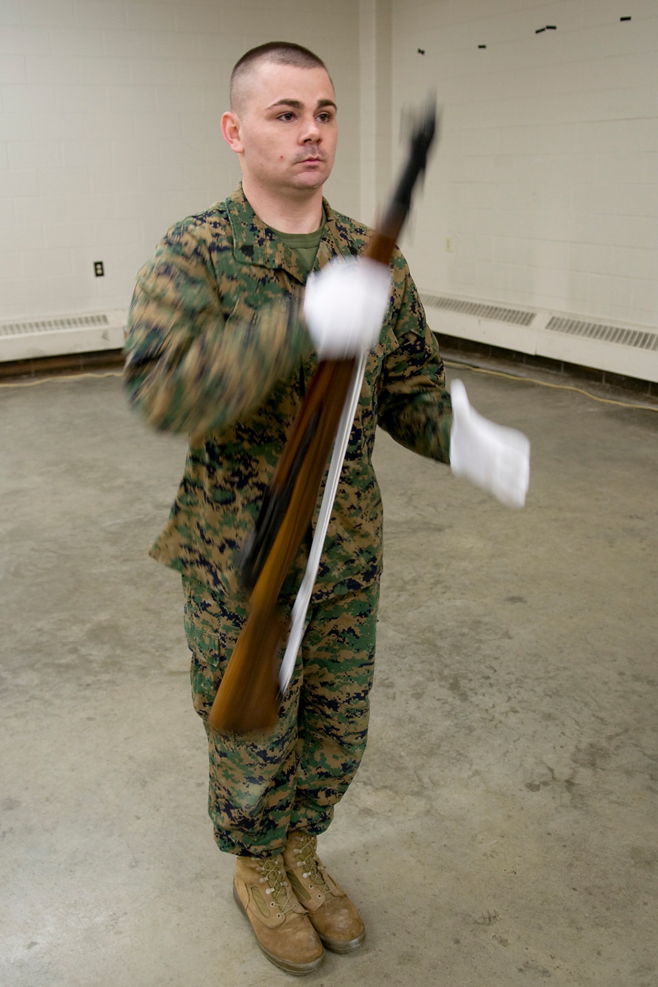 INDIANAPOLIS -- U.S. Marine Corps Sgt. Joshua Bishop practices during a joint color guard training at the U.S. Army Reserve Center in Indianapolis Jan. 25. Bishop, along with seven other servicemembers from around Indiana, will present the Colors at Super Bowl XLVI Feb. 5. (U.S. Air Force photo/Tech. Sgt. Mark R. W. Orders-Woempner)
