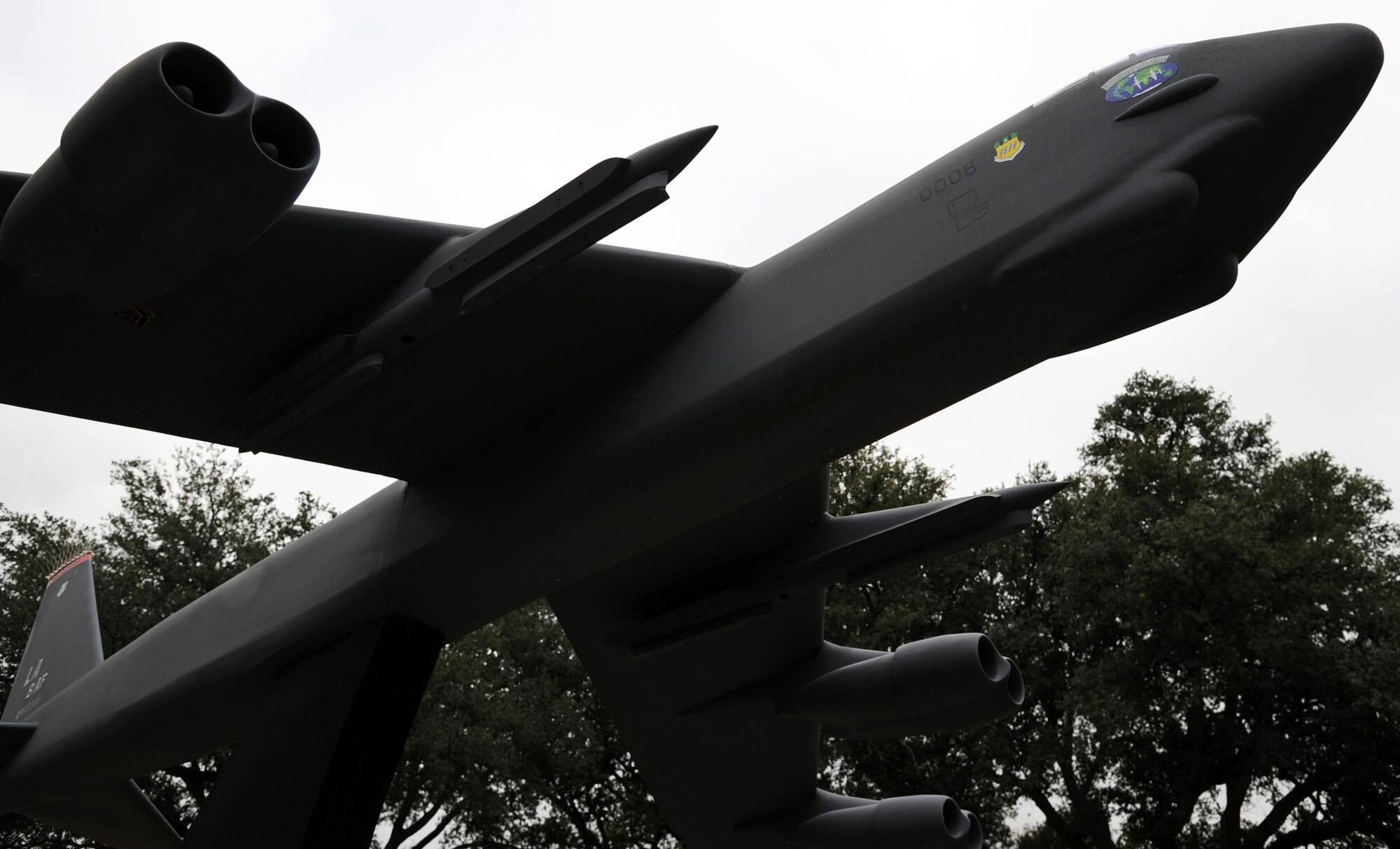 The model B-52H Stratofortress is a 20-ft long, one-eighth scale replica of the Lucky Lady IV located at Barksdale Air Force Base, La. The model's real-world counterpart with whom it shares its namesake, holds a record-setting flight around the world in 47.2 hours. The model was donated to Barksdale on Aug. 18, 2004, by The Boeing Company and bears the name of Maj. Gen. William E. Eubank Jr., the first man to command a B-52 unit. (U.S. Air Force photo/Airman 1st Class Andrew Moua)(RELEASED)