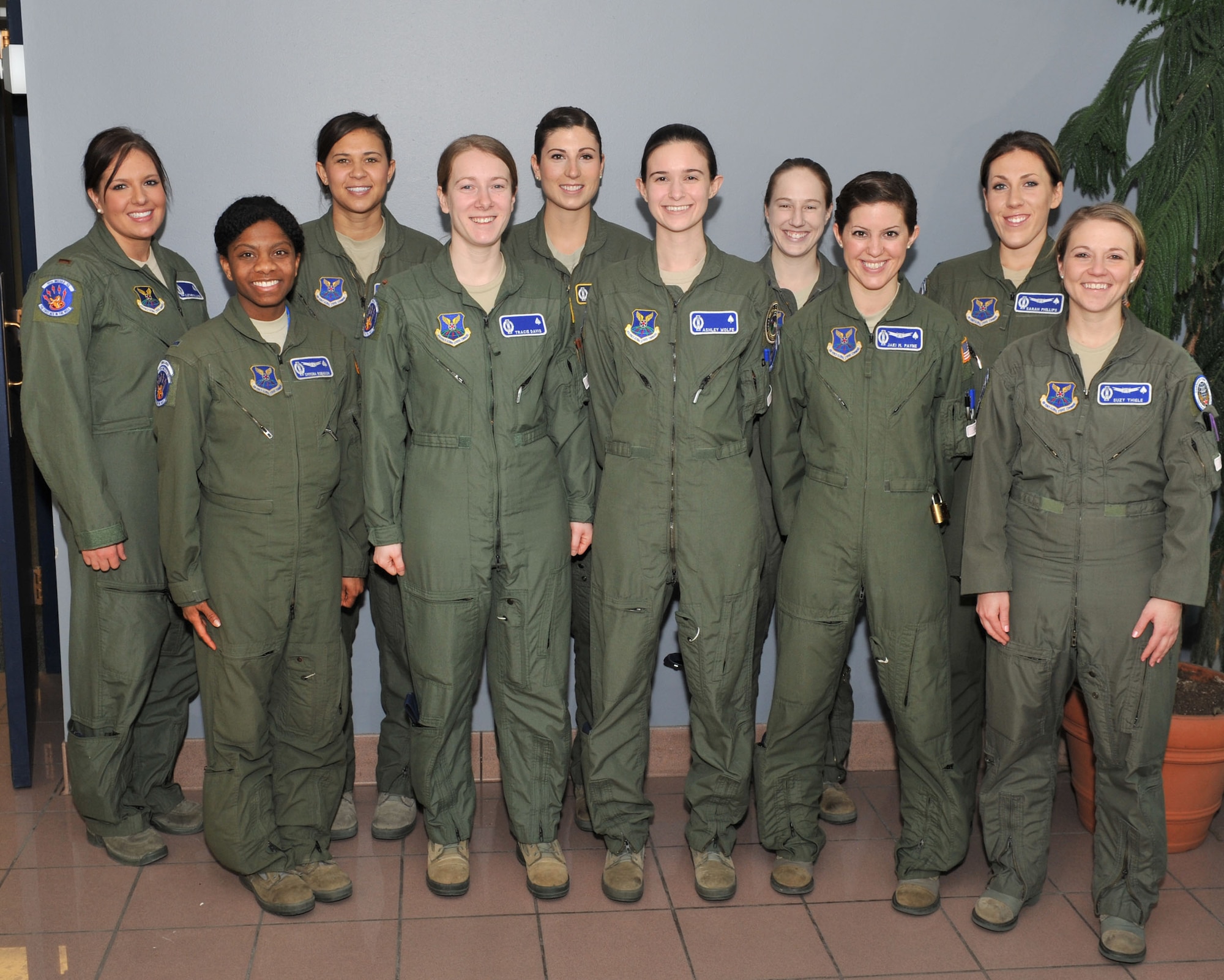 Crew members from the 10th Missile Squadron deployed to the five missile alert facilities for a 24-hour alert Jan. 30. Pictured above, before leaving for their respective MAFs are, front row, left to right, 1st Lt. Simmona Robinson, 2nd Lt. Tracie Davis, 1st Lt. Ashley Wolfe, 1st Lt. Jacqueline Payne and 1st Lt. Suzanne Thiele. Back row, left to right, are 2nd. Lt. Kathryn Lynn, 1st Lt. Kelly Crockett, 1st Lt. Kaitlin Staples, 1st. Lt. Laura Ribbing and 1st Lt. Sarah Phillips. . (U.S. Air Force photo/John Turner)