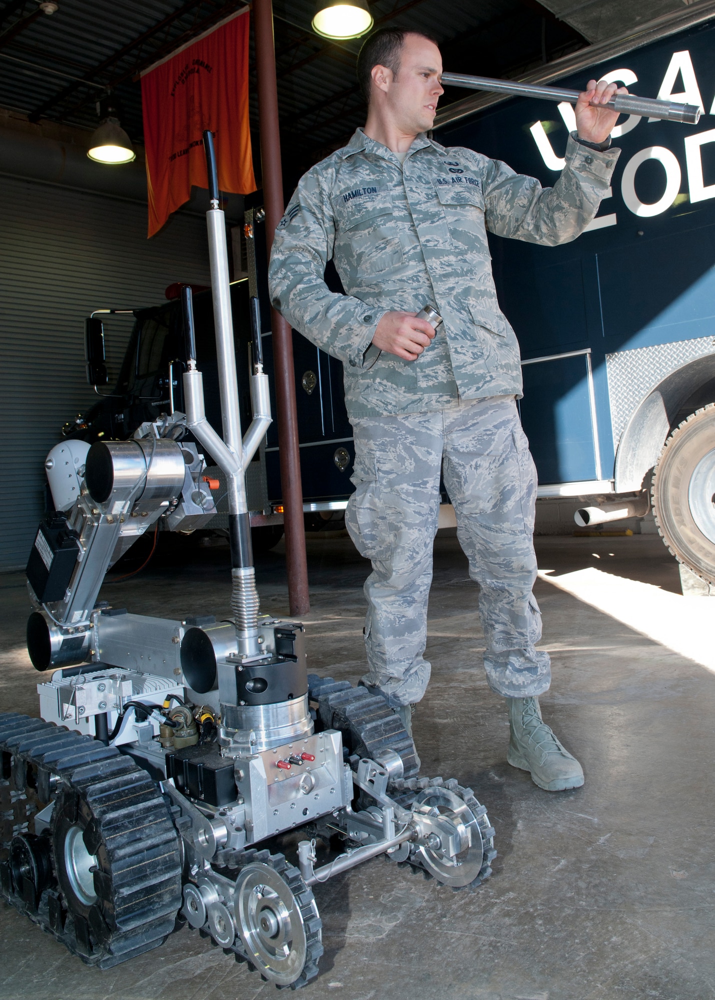 HOLLOMAN AIR FORCE BASE, N.M. -- U.S. Air Force Senior Airman Brook Hamilton, 49th Civil Engineer Squadron Explosive Ordnance Disposal journeyman, prepares a ANDROS HD-1 robot for a local training mission Nov. 30. EOD Airmen are tasked to render safe and dispose of any explosive hazards, to include conventional weapons; nuclear, biological, and chemical weapons; IEDs; and aircraft explosive hazards. (U.S. Air Force photo by Senior Airman Veronica Stamps/ Released)