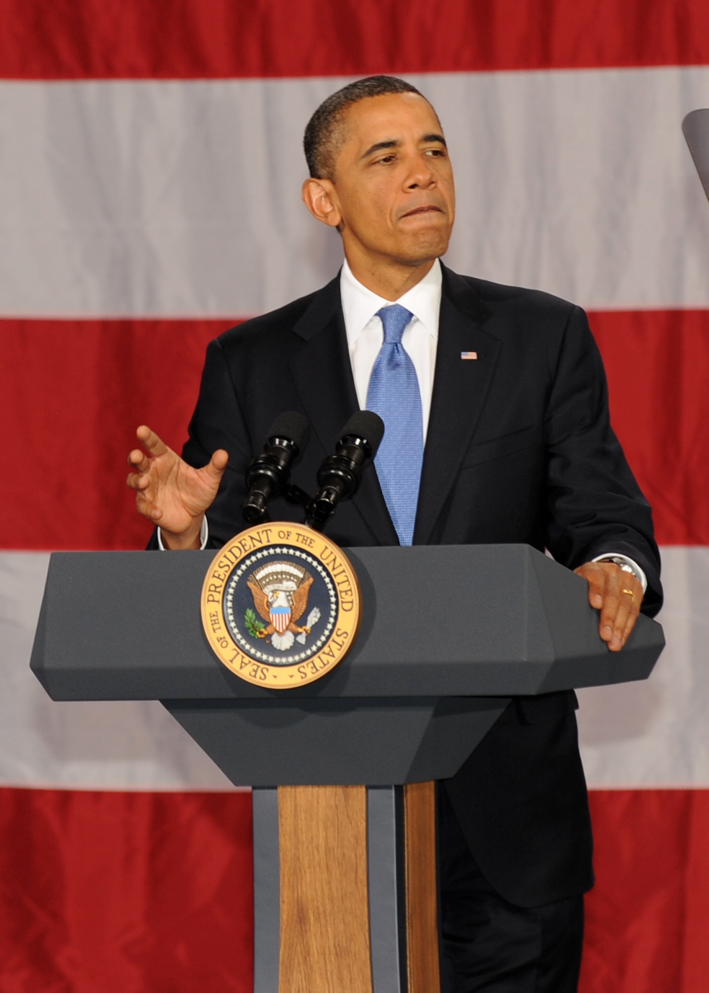 BUCKLEY AIR FORCE BASE, Colo. -- President Barack Obama holds a press conference Jan 26, 2012. The president arrived here at Buckley to speak about his new clean energy programs. (U.S. Air Force photo by Senior Airman Marcy Glass)
