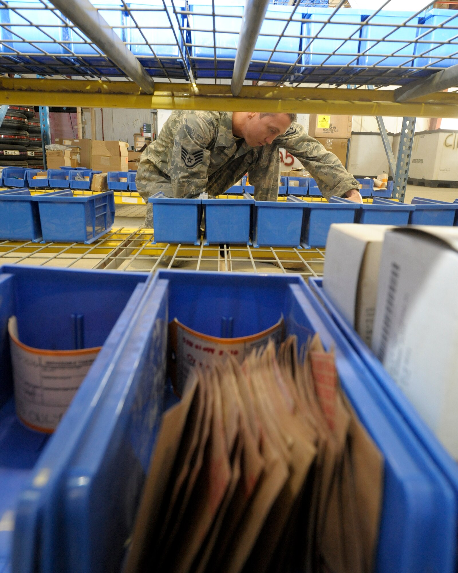 Staff Sgt. Dallas Mason, 332nd Expeditionary Logistics Readiness Squadron, performs an inventory inspection on aircraft parts at an undisclosed location in Southwest Asia, Feb. 2, 2012. Inventories are performed to ensure the 332nd ELRS is properly stocked with parts to support the operational mission. Mason is deployed from Joint Base Langley-Eustis, Va., and is a native of Corbin, Ky. (U.S. Air Force photo by Staff Sgt. Joshua J. Garcia/Released)