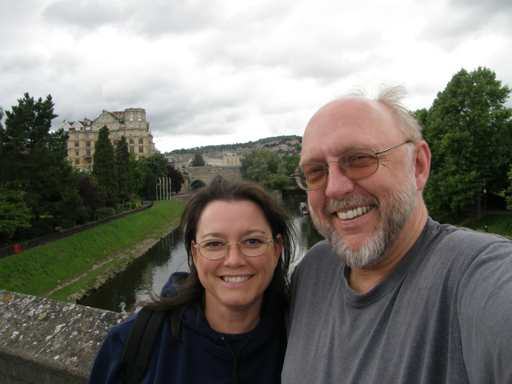Dr. Robert Howard and his wife Martha stand on a bridge over the River Avon in Bath, England, in 2007. Occasionally Howard’s wife accompanies him when he travels to Europe, but Howard spends the majority of his time working with a subcommittee of the Society of Automotive Engineers to establish an international standard for measuring particulate emissions from turbine engines. (Photo provided)