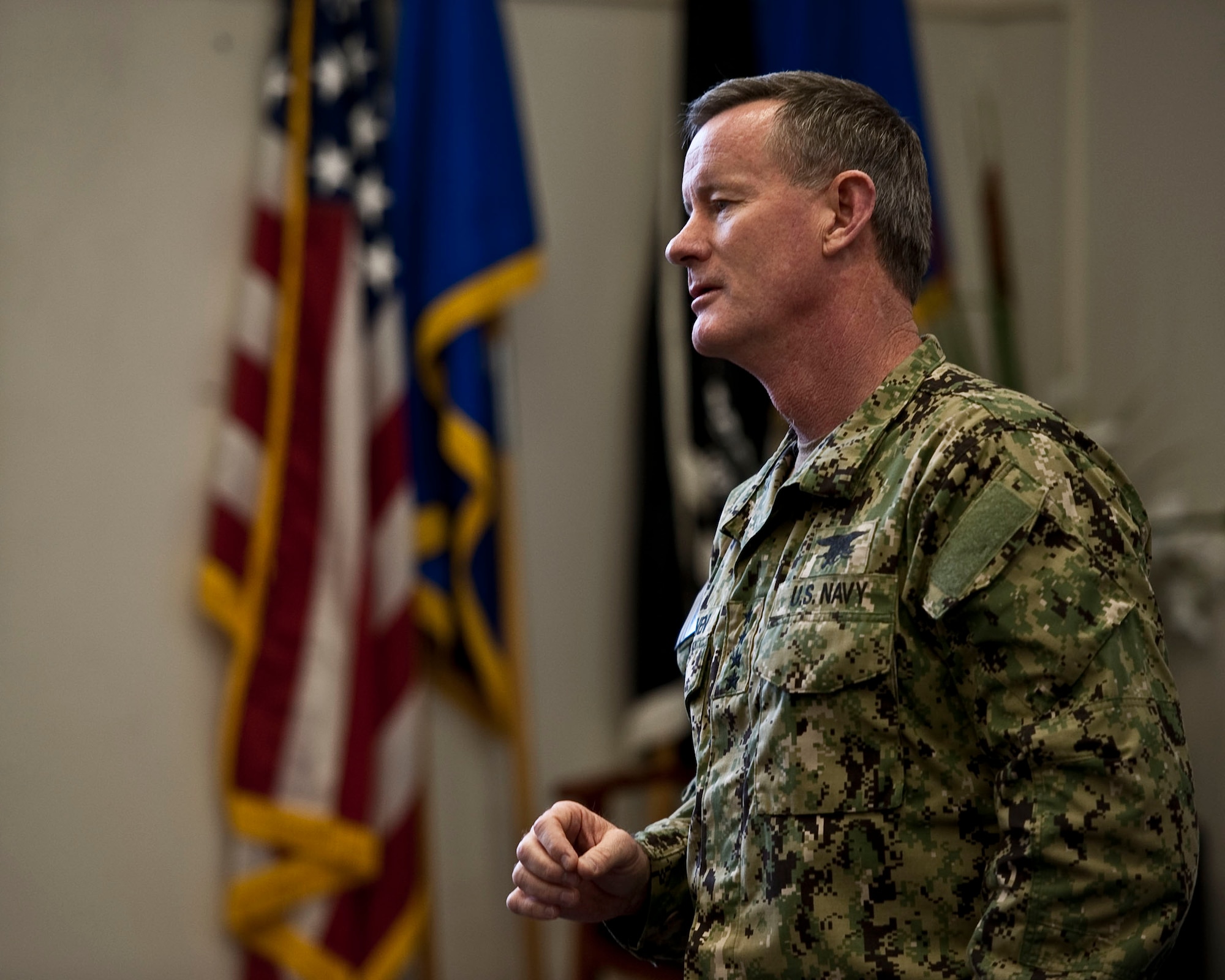 U.S. Navy Adm. William McRaven, commander of the U.S. Special Operations Command, speaks to Airmen at the John C. Vincent Airman Leadership School on Hurlburt Field, Fla., Jan. 31, 2012. The admiral visited Hurlburt Field to speak to military personnel about preservation of the force. (U.S. Air Force Photo/Airman 1st Class Hayden K. Hyatt)(Released)
