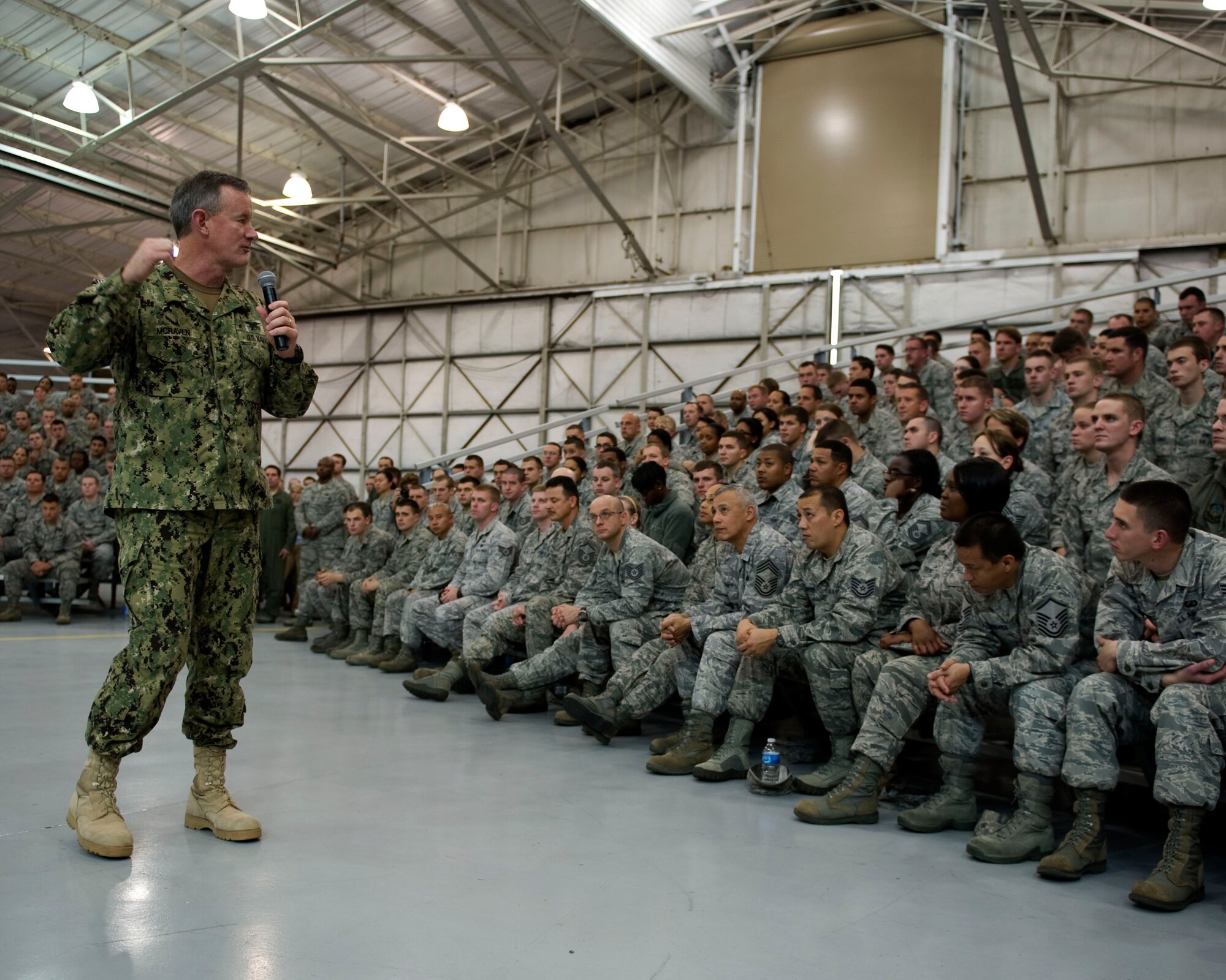 U.S. Navy Adm. William McRaven, commander of the U.S. Special Operations Command, speaks to enlisted personnel during an all-call at the Commando Hangar on Hurlburt Field, Fla., Jan. 31, 2012.  As the commander of USSOCOM, the admiral ensures the readiness of joint special operations forces and, if necessary, conducts operations worldwide. (U.S. Air Force photo/Airman 1st Class Gustavo Castillo)(Released)