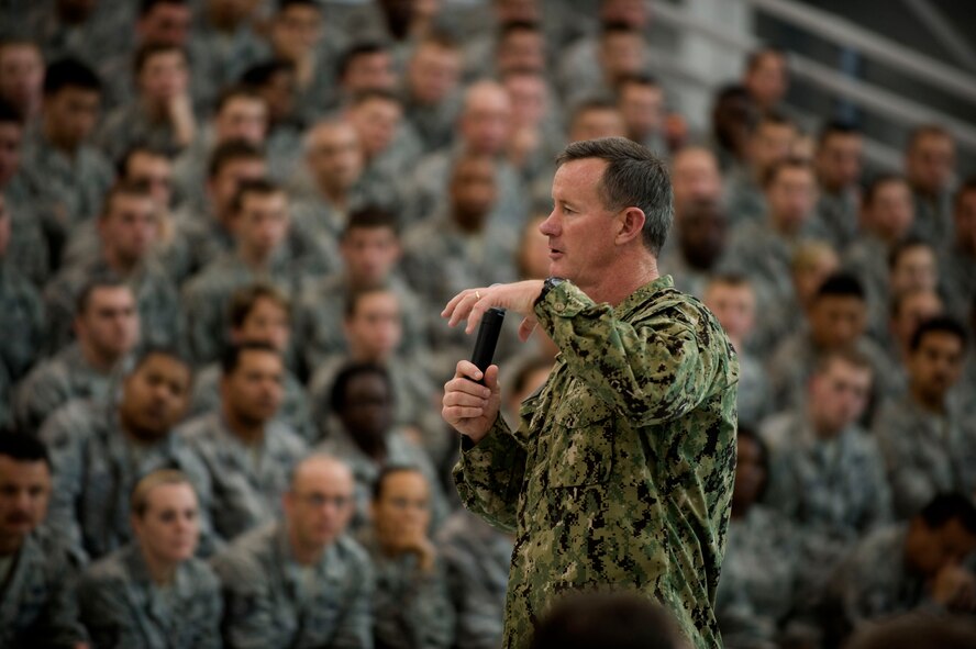U.S. Navy Adm. William McRaven, commander of the U.S. Special Operations Command, answers a question during an all-call at the Commando Hangar on Hurlburt Field, Fla., Jan. 31, 2012.  The admiral is the ninth commander of USSOCOM, headquartered at MacDill Air Force Base, Fla. (U.S. Air Force photo/Airman 1st Class Gustavo Castillo)(Released)