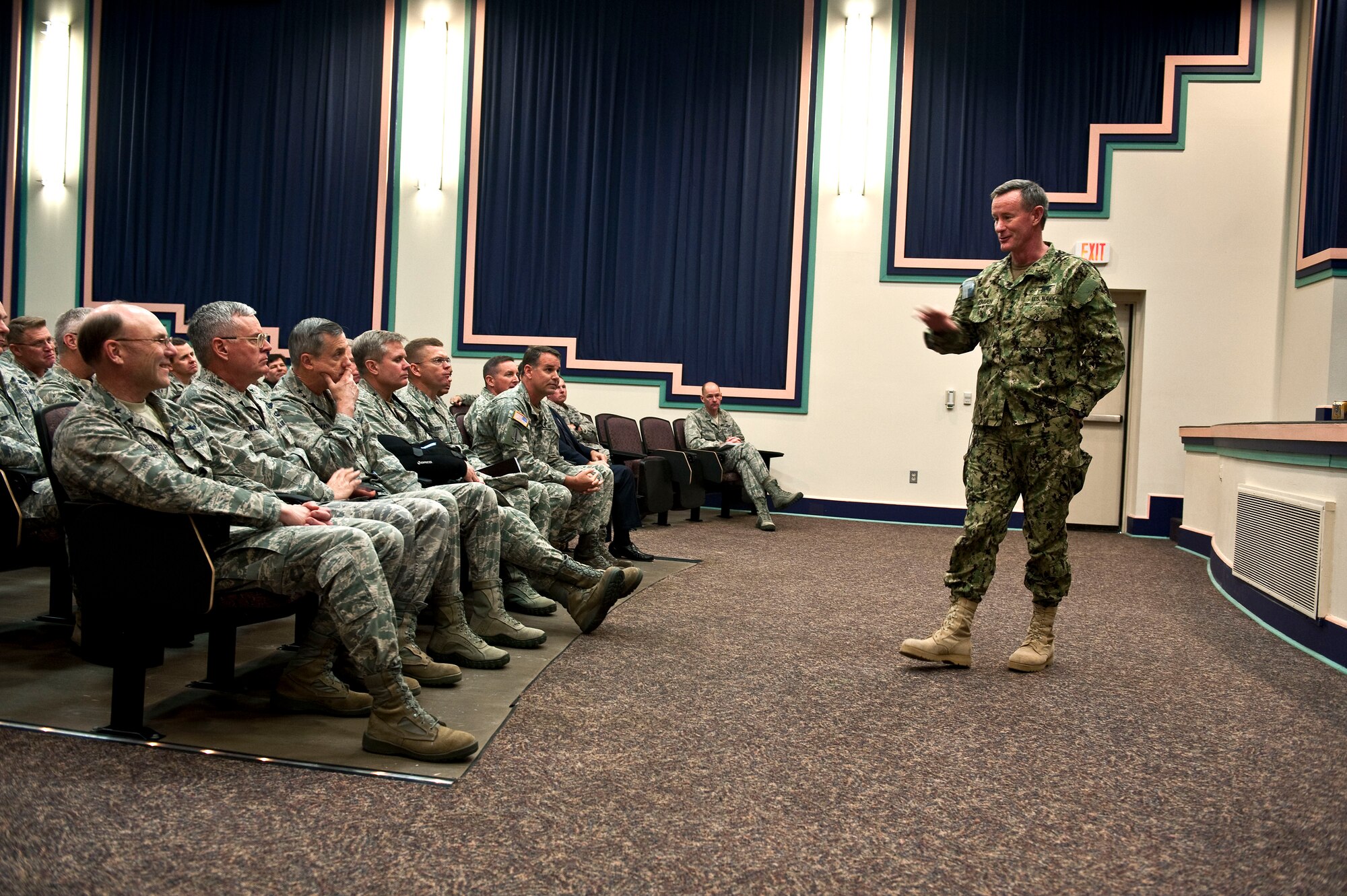 U.S. Navy Adm. William McRaven, commander of the U.S. Special Operations Command, spoke to special operation commanders about the preservation of the force during a commander?s call at King Auditorium on Hurlburt Field, Fla., Jan. 30, 2012. The admiral and Command Sgt. Maj. Chris Faris, senior enlisted adviser of USSOCOM, shared their philosophies on how to strengthen U.S. Special Operations Forces. (U.S. Air Force photo/Airman 1st Class Christopher Williams)(Released)



