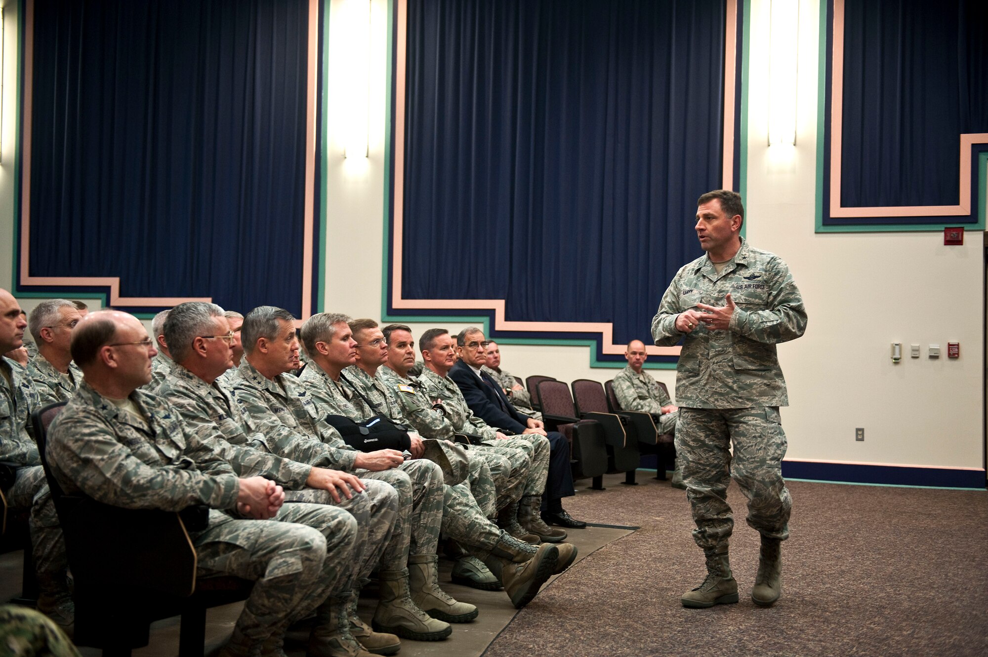 U.S. Air Force Brig. Gen. Timothy Leahy, director Knowledge, Training, and Futures, U.S. Special Operations Command, speaks about U.S. Navy Adm. William McRaven speech during a commander?s call at King Auditorium on Hurlburt Field, Fla., Jan. 30, 2012. The general is responsible for developing and preparing fully capable special operations forces by overseeing doctrine, education, training, exercises, concept development, experimentation, wargames, capabilities-based assessments and lessons learned for special operations forces. (U.S. Air Force photo/Airman 1st Class Christopher Williams)(Released)



