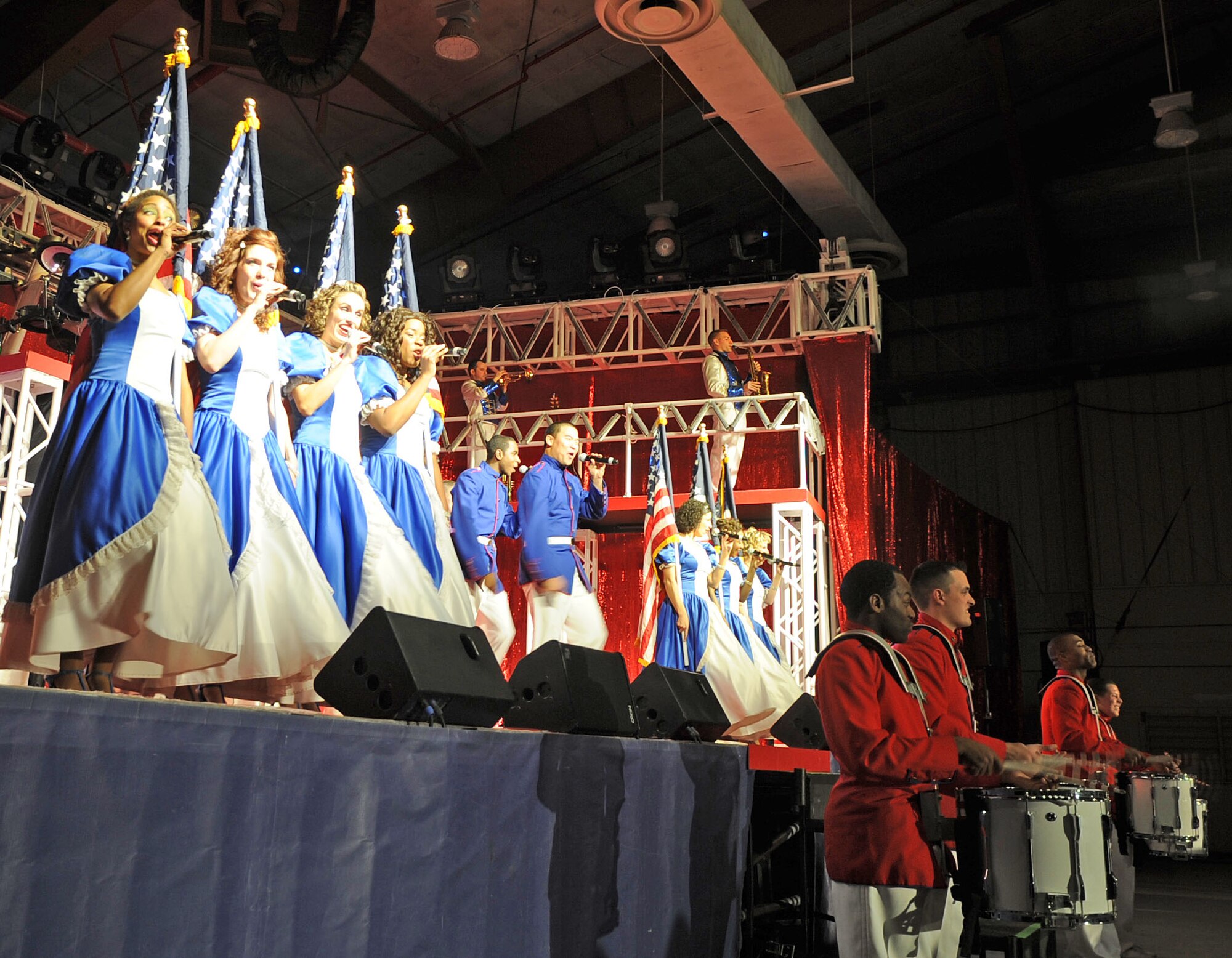 Tops in Blue performers entertain Airmen and their families at Seymour Johnson Air Force Base, N.C., Jan. 27, 2012. Tops in Blue is an expeditionary musical group providing entertainment to service members in 20 different countries, including deployed locations. (U.S. Air Force photo/Senior Airman Gino Reyes/Released)