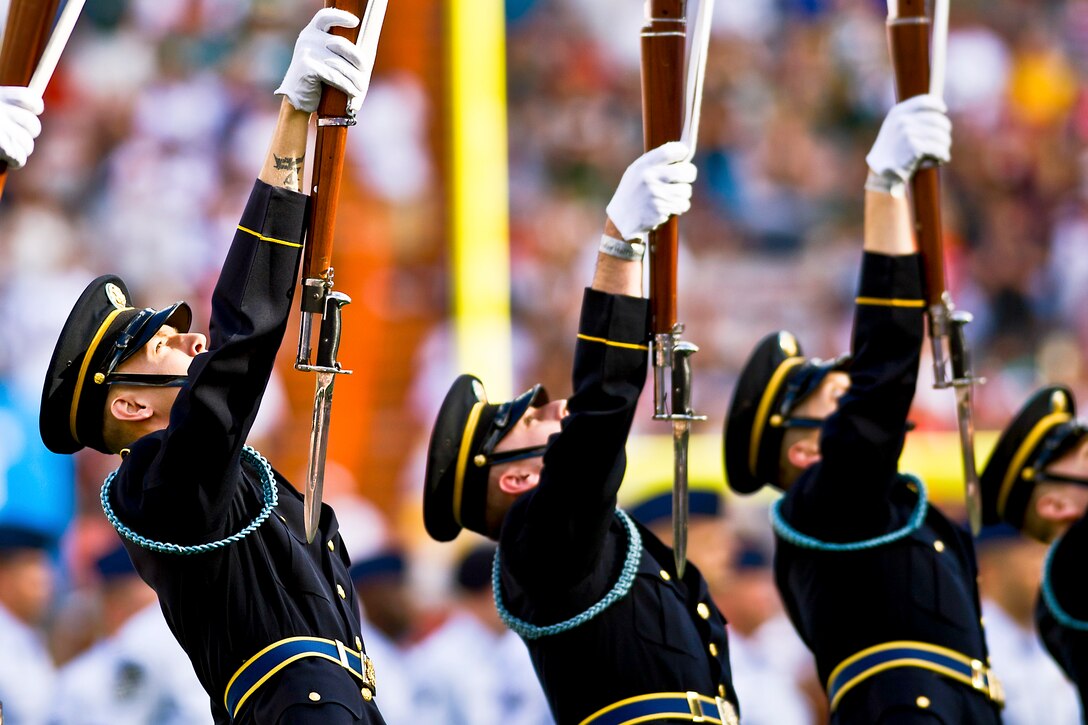 Soldiers assigned to the U.S. Army Silent Drill Team perform at Aloha Stadium during the 2012 National Football League Pro Bowl halftime show in Honolulu, Jan. 29, 2012. The event honored several hundred service members assigned to bases throughout Hawaii.