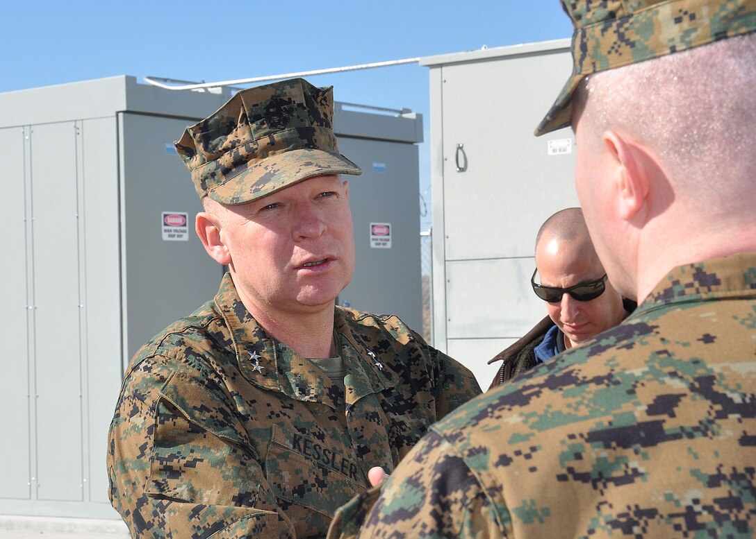 Major General James A. Kessler (left), Commanding General Marine Corps Installations Command visits Marine Corps Logistics Base Barstow, Calif., for a brief and tour of MCLBB. Maj.Gen. Kessler was escorted on his visit by MCLBB Commanding Officer, Colonel Daniel P. Ermer, Feb2.