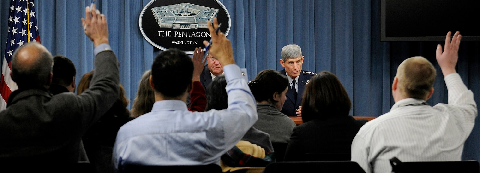 Secretary of the Air Force Michael Donley and Air Force Chief of Staff Gen. Norton Schwartz take questions on the Air Force's Force Structure overview during a Pentagon press briefing Feb. 3, 2012. (U.S. Air Force photo/Scott M. Ash)