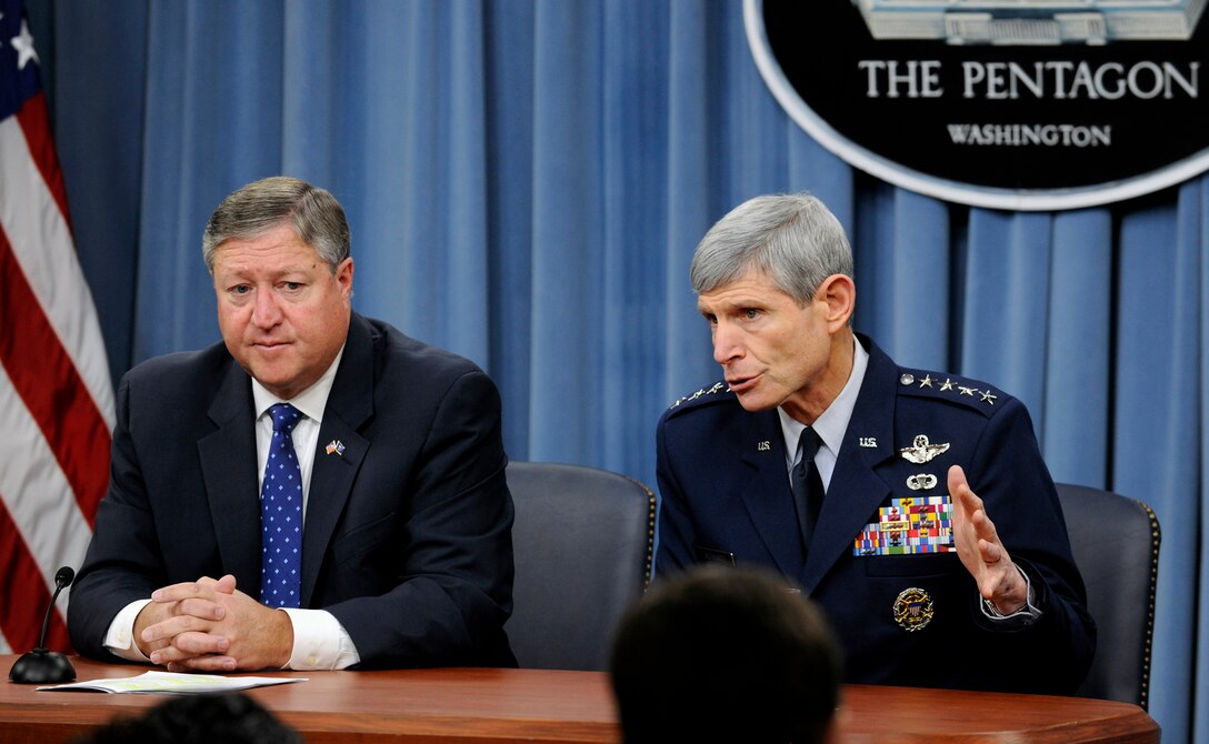 Air Force Chief of Staff Gen. Norton Schwartz and Secretary of the Air Force Michael Donley answer questions about the Air Force's Force Structure overview during a Pentagon press briefing on Feb. 3, 2012.  (U.S. Air Force photo/Scott M. Ash)
