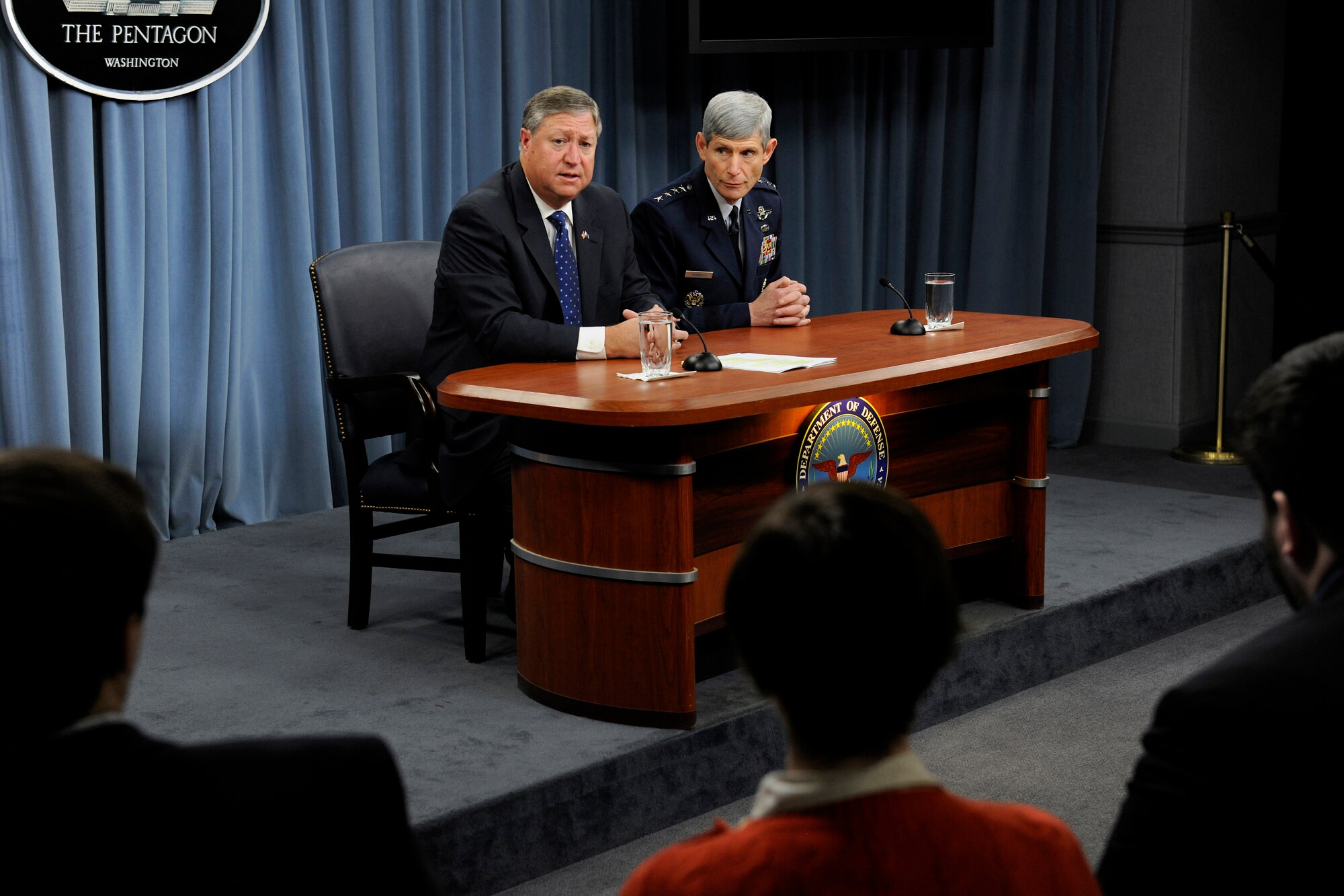 Secretary of the Air Force Michael Donley and Air Force Chief of Staff Gen. Norton Schwartz explain the Air Force's Force Structure overview during a Pentagon press briefing on Feb. 3, 2012.  (U.S. Air Force photo/Scott M. Ash)