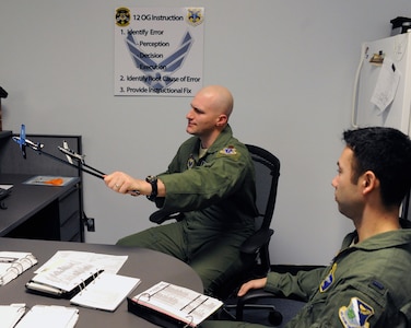 Maj. Stephen Manley (left), 559th Flying Training Squadron instructor pilot, demonstrates flight procedures to 1st Lt. William Dana, 558th FTS instructor candidate.  (U.S. Air Force photo/Don Lindsey)