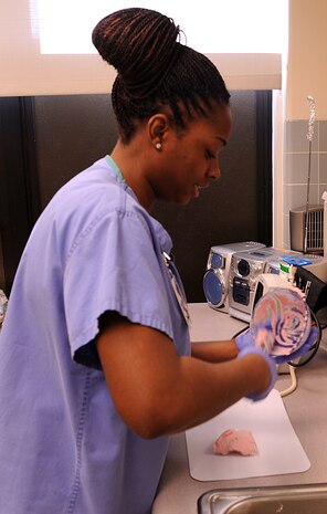 Airman 1st Class Ashley Wall, 9th Aerospace Medicine Squadron dental technician, prepares a dental tray at the dental clinic at Beale Air Force Base, Calif., Jan. 31, 2012. Wall is about to assist the doctor with a routine semantic crown for an inbound patient.  (U.S. Air Force photo by Airman 1st Class Brittany Paerschke-O'Brien/ Released)