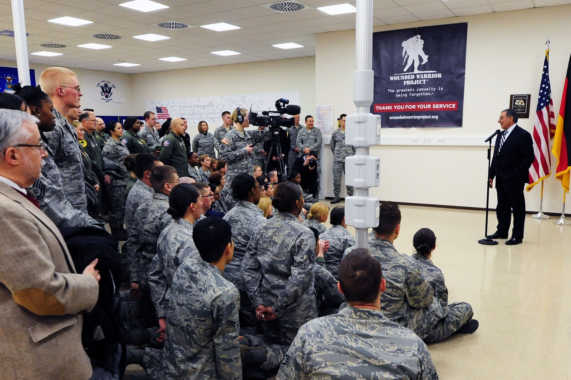 Secretary of Defense Leon Panetta addresses members of Team Ramstein in the Contingency Aeromedical Staging Facility at Ramstein Air Base, Germany, Feb. 3, 2012. During his visit, the 23rd defense secretary expressed appreciation for the dedication and hard work of the service members who ensure wounded warriors receive world-class care.
