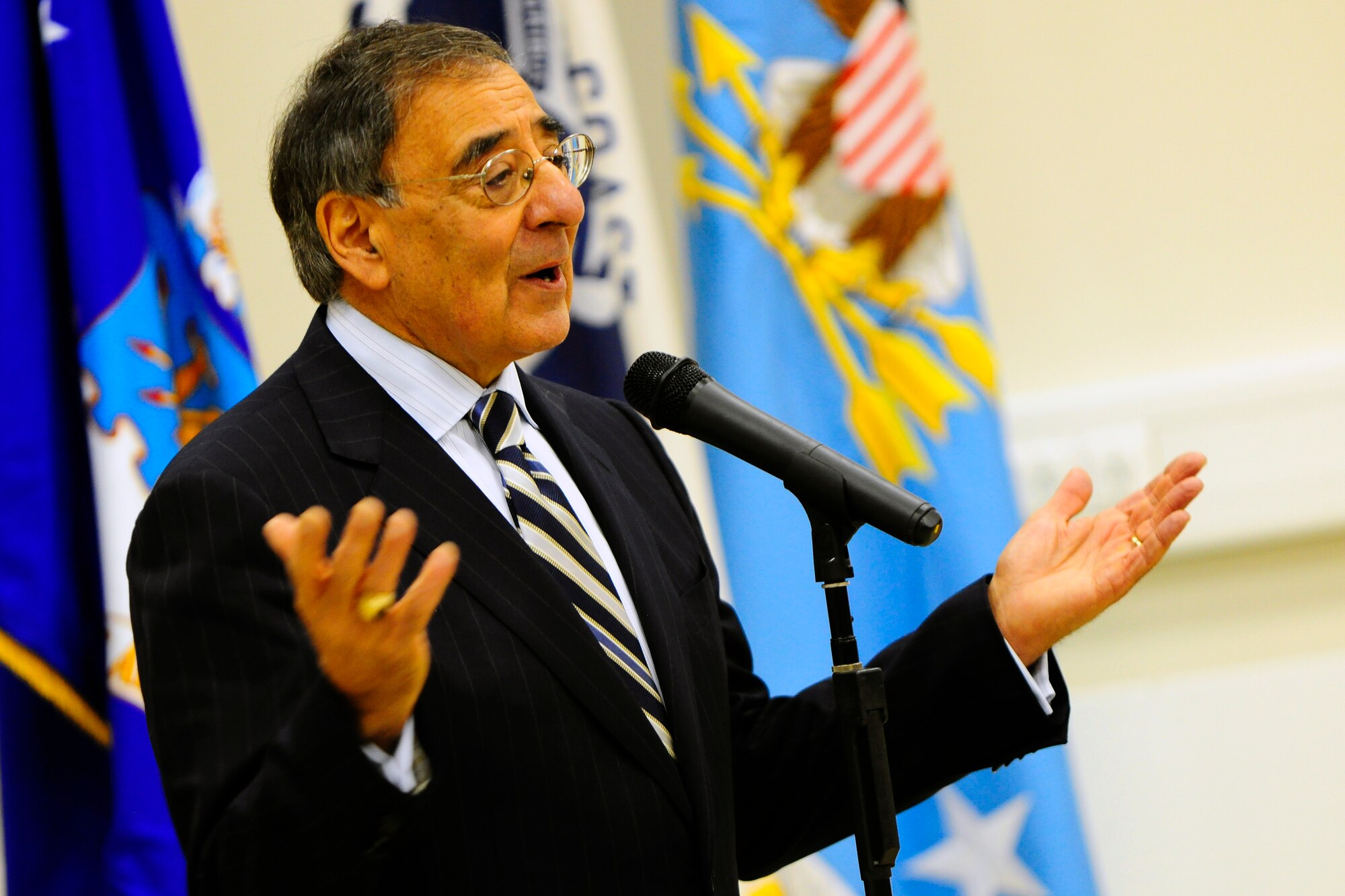 Secretary of Defense Leon Panetta addresses members of Team Ramstein in the Contingency Aeromedical Staging Facility at Ramstein Air Base, Germany, Feb. 3, 2012. During his visit, the 23rd defense secretary expressed appreciation for the dedication and hard work of the service members who ensure wounded warriors receive world-class care.