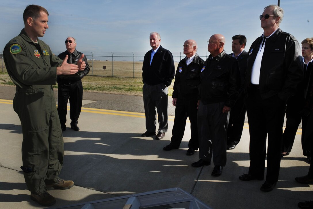 U.S. Air Force Lt. Col. Franklin Marston, 158th Fighter Wing Detachment 1 commander, talks to Air Force Civic Leaders about the capabilities of the F-16 Fighting Falcon during the Air Force Chief of Staff Civic Leader Tour at Langley Air Force Base, Va., Feb. 1, 2012. The 158th FW, Det. 1 has interdicted 2,200 aircraft threats since the alert mission was stood up just after September 11th, 2001. (U.S. Air Force photo by Staff Sgt. Jeff Nevison/Released)