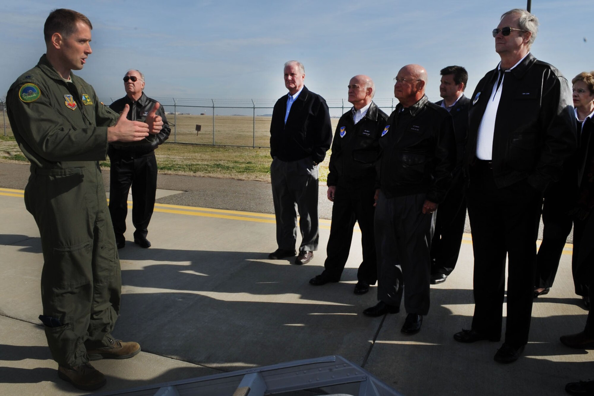U.S. Air Force Lt. Col. Franklin Marston, 158th Fighter Wing Detachment 1 commander, talks to Air Force Civic Leaders about the capabilities of the F-16 Fighting Falcon during the Air Force Chief of Staff Civic Leader Tour at Langley Air Force Base, Va., Feb. 1, 2012. The 158th FW, Det. 1 has interdicted 2,200 aircraft threats since the alert mission was stood up just after September 11th, 2001. (U.S. Air Force photo by Staff Sgt. Jeff Nevison/Released)