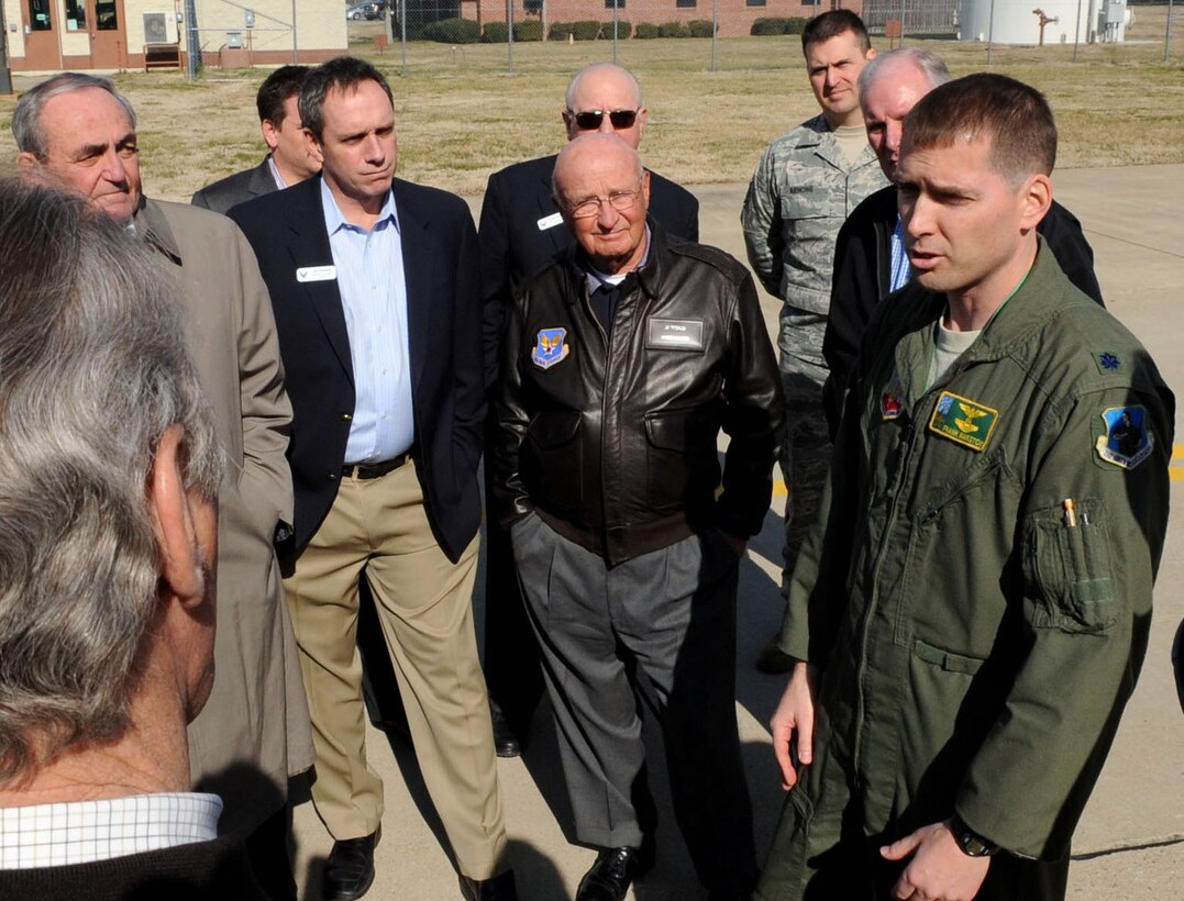 Air Force Civic Leaders listen as U.S. Air Force Lt. Col. Franklin Marston, 158th Fighter Wing Detachment 1 commander, talks about the capabilities of the F-16 Fighting Falcon during the Air Force Chief of Staff Civic Leader Tour at Langley Air Force Base, Va., Feb. 1, 2012. The 158th FW, Det. 1 mission is to protect the eastern United States against direct threats from foreign aircraft. (U.S. Air Force photo by Staff Sgt. Jeff Nevison/Released)