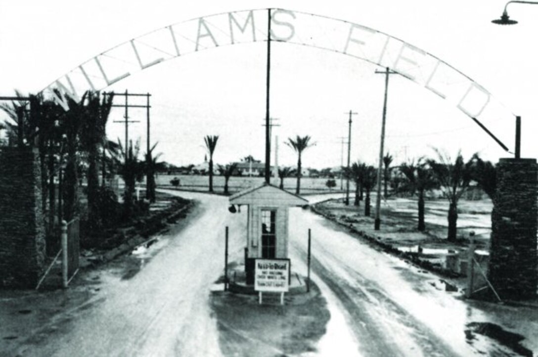 This gate marked the entrance to the Williams Field Army Air Station in 1942. Since then, the AAF has closed and the site has been returned to the former owners. The U.S. Army Corps of Engineers Los Angeles District is currently conducting a Treatability Study/technology Demonstration at several of the sites as part of the Remedial Investigation/Feasibility Study of the formerly used defense sites.