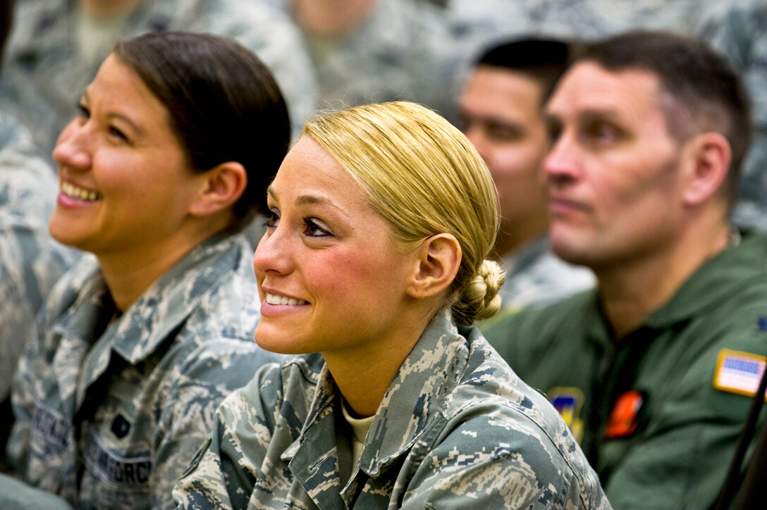 U.S. Air Force airmen attend an all-hands call with U.S. Defense Secretary Leon E. Panetta on Ramstein Air Base Germany, Feb. 3, 2012. Panetta traveled to Ramstein and Landstuhl Regional Medical Center to visit patients, and thank service members directly involved with the transportation and care of wounded warriors.