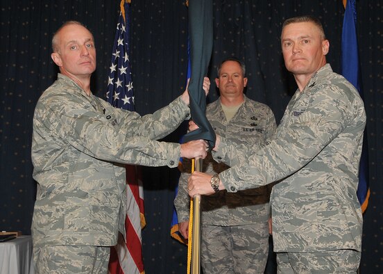 KIRTLAND AFB, N.M. -- Brig. Gen. Garrett Harencak, left, commander of the Air Force Nuclear Weapons Center, presided Jan. 27 at a ceremony inactivating the 498th Nuclear Systems Wing at Kirtland Air Force Base. Col. Walter Lindsley, right, was the wing’s commander. (Photo by Todd Berenger)