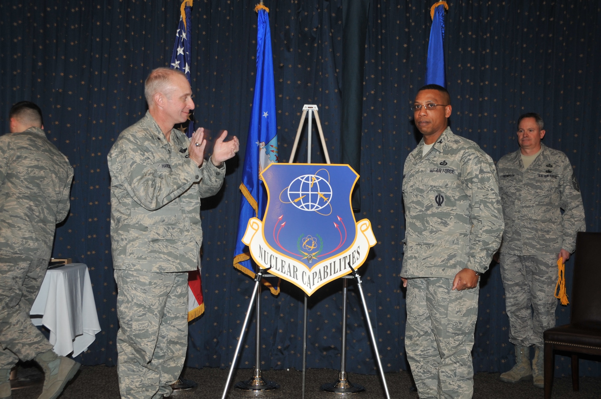 KIRTLAND AFB, N.M. -- Brig. Gen. Garrett Harencak, left, commander of the Air Force Nuclear Weapons Center, presided Jan. 27 at a ceremony activating the AFNWC’s Nuclear Capabilities Directorate at Kirtland Air Force Base. Col. Clarence “CJ” Johnson, right, is the organization’s director.  (Photo by Todd Berenger)