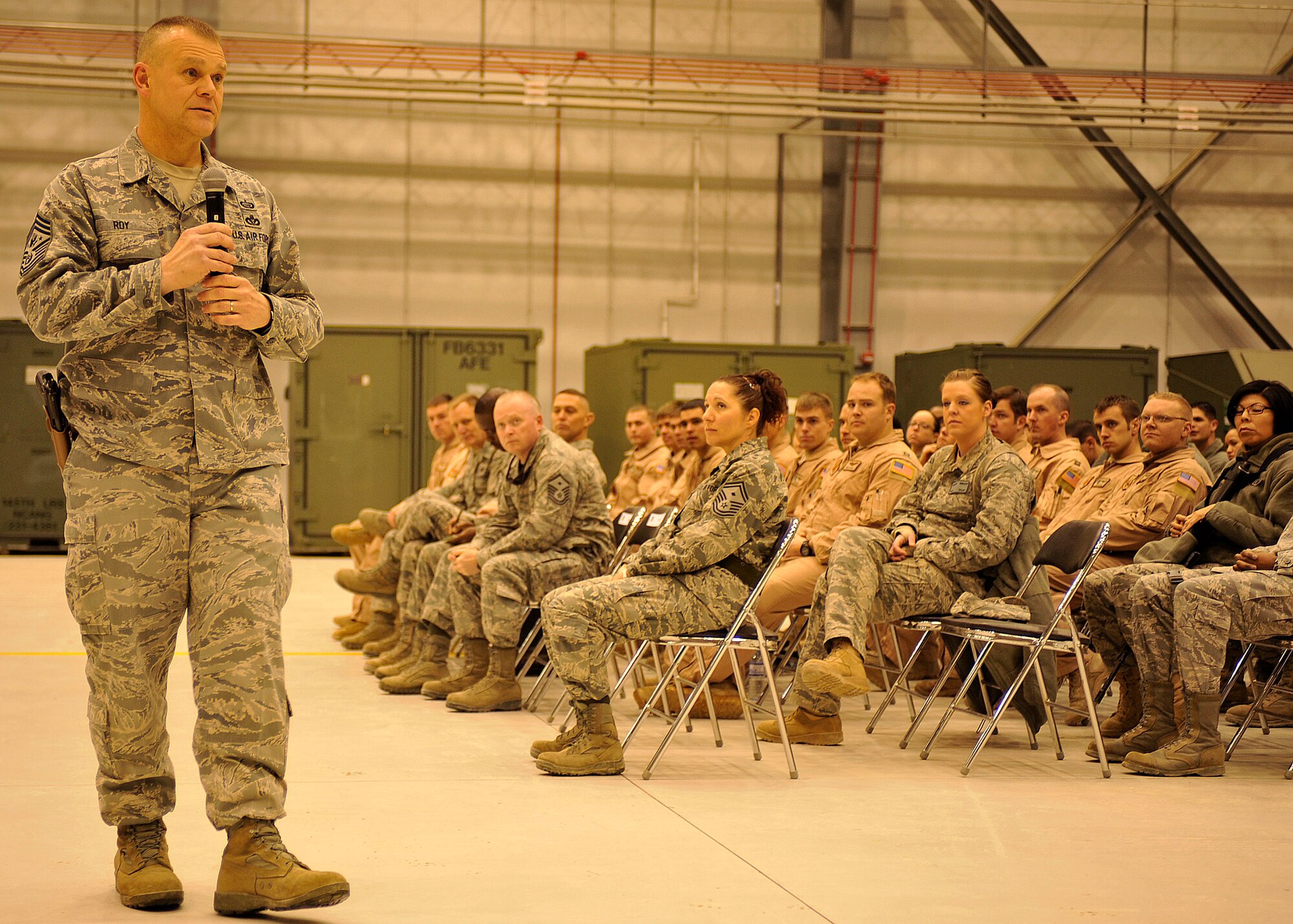 BAGRAM AIRFIELD, Afghanistan—Chief Master Sgt. of the Air Force James Roy speaks to a group of Airmen at Bagram Airfield, Afghanistan, Feb. 2, 2012. Roy visited several locations on Bagram, to include the Craig Joint Theater Hospital and the Explosive Ordinance Disposal shop. (U.S. Air Force photo/Airman 1st Class Ericka Engblom)