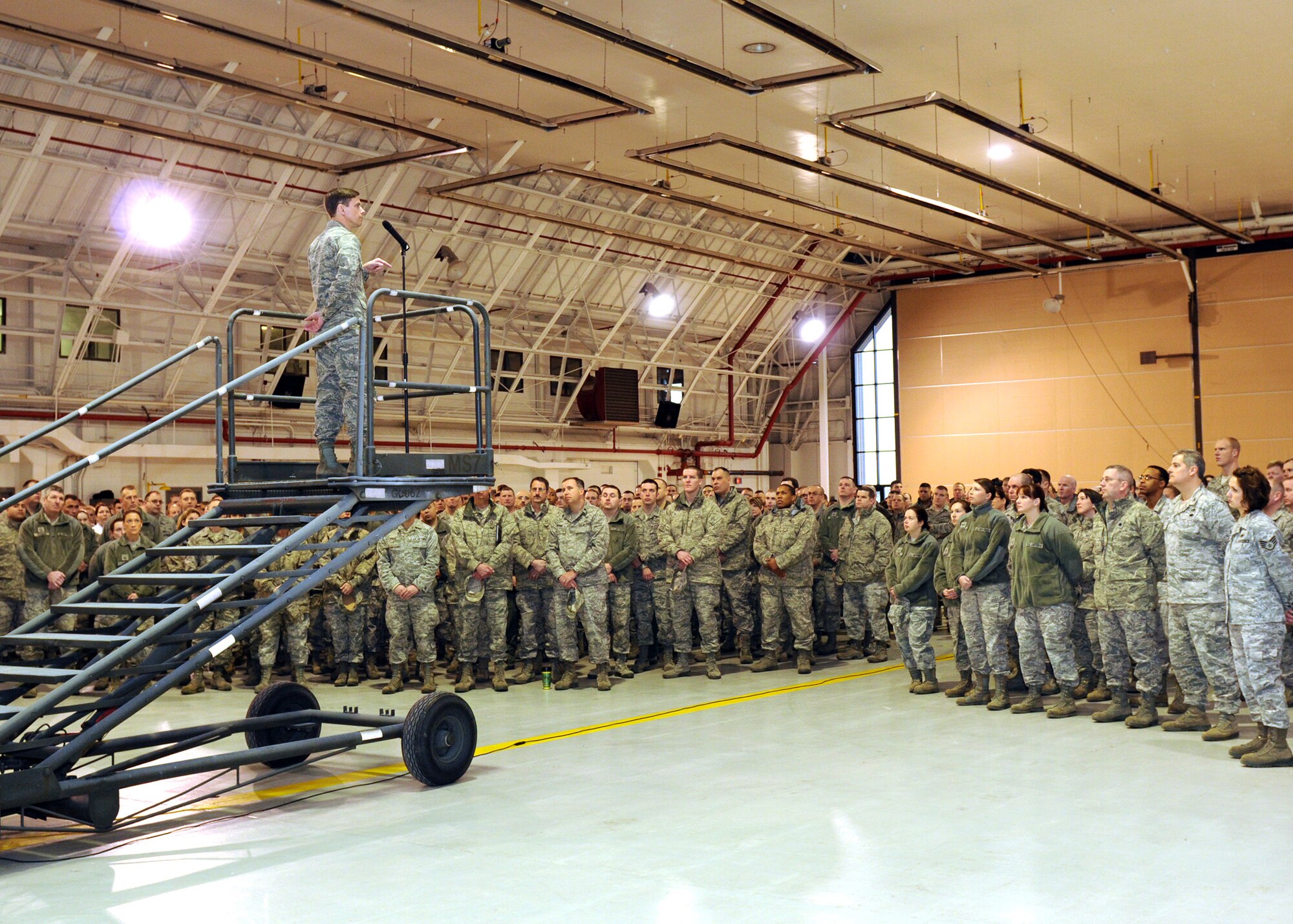New York Air National Guard Col. Greg A. Semmel addresses members of Hancock Field Air National Guard Base as the newly selected 174th Fighter Wing Commander on February 4, 2012.  Semmel has served as Assistant Vice Commander and Operations Group Commander for the 174th Fighter Wing, as well as an operational test/evaluation pilot at Eglin Air Force Base, Florida and an instructor at the U.S. Air Force Fighter Weapons School at Nellis Air Force Base, Nevada.  He will assume commander during a ceremony held on March 4, 2012. (New York Air National Guard photo by Tech. Sgt. Jeremy M. Call/Released)