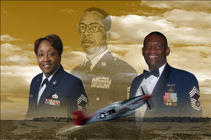 Chief Master Sgts. Gregory L. Gamble, Headquarters 22nd Air Force and Sandra A. Wright, 94th Airlift Wing pay tribute to Fred Archer, member of the Army Air Corps and Tuskegee Airman, who overcame hurdles and conquered barriers to become one of the first African Americans to achieve the highest enlisted rank. They also encourage Airmen to take advantage of the opportunities provided by the U.S. Air Force. (U.S. Air Force graphic/Master Sgt. Travon Dennis)