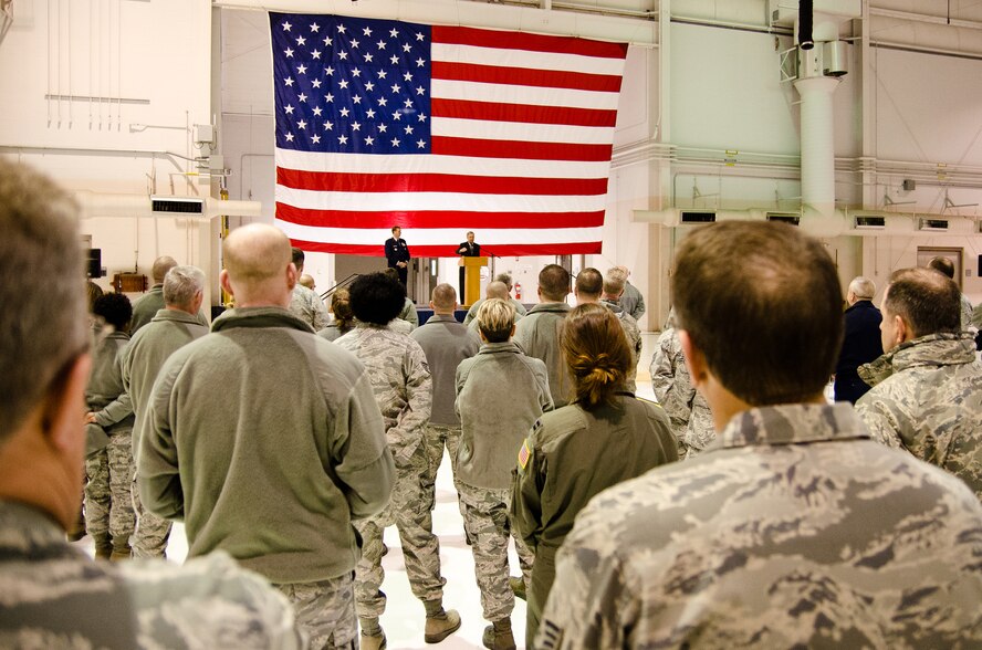 Sen. Mitch McConnell speaks to members of the 123rd Airlift Wing during a town hall meeting at the Kentucky Air National Guard Base in Louisville, Ky., on Jan. 4, 2012. (U.S. Air Force photo by Maj. Dale Greer)