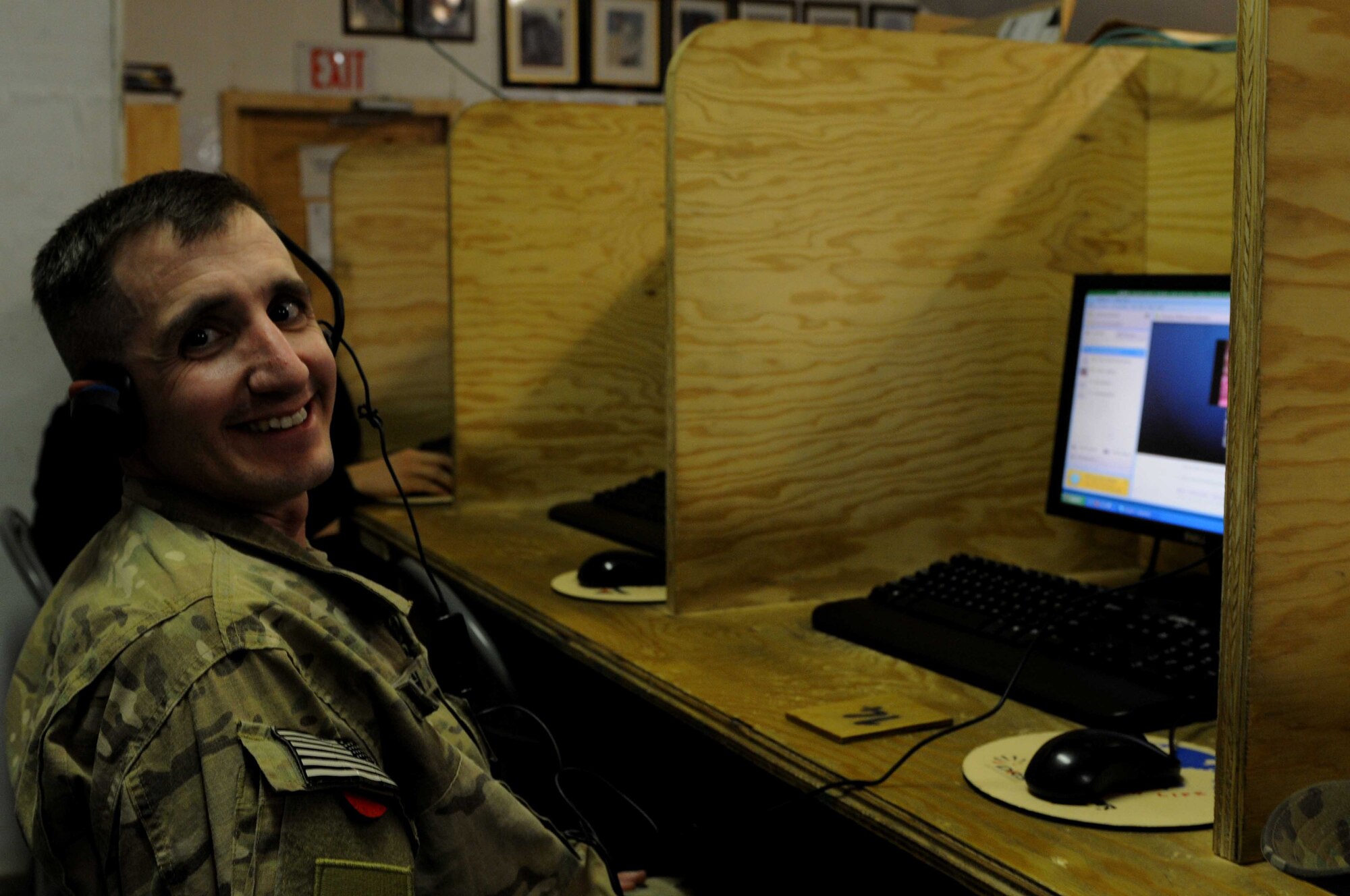 PAKTYA PROVINCE, Afghanistan— U.S. Army Maj. James Johnson, Paktya Provincial Reconstruction Team operations officer, watches his wife give birth to their first daughter, Jan. 28, 2012. Johnson watched, through Skype, as his daughter was born in Virginia. (U.S. Air Force photo/1st Lt. Cammie Quinn, Paktya Provincial Reconstruction Team Public Affairs)