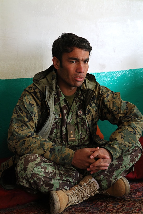 Lt. Safiullah Ahmidi, 22, executive officer Now Zad company, from Kabul, Afghanistan, says, “We are very happy to have the Marines here. Before them, we didn’t have good training or coordination. Now we can do these things on our own. It helps us a lot to have good training, we see the Marines next to us everyday. It shows what they are willing to do for us. It’s very good.” The Afghan National Security Forces in Now Zad are partnered with four-man teams from 2nd Battalion, 4th Marines who eat, live, patrol and guide them constantly.
