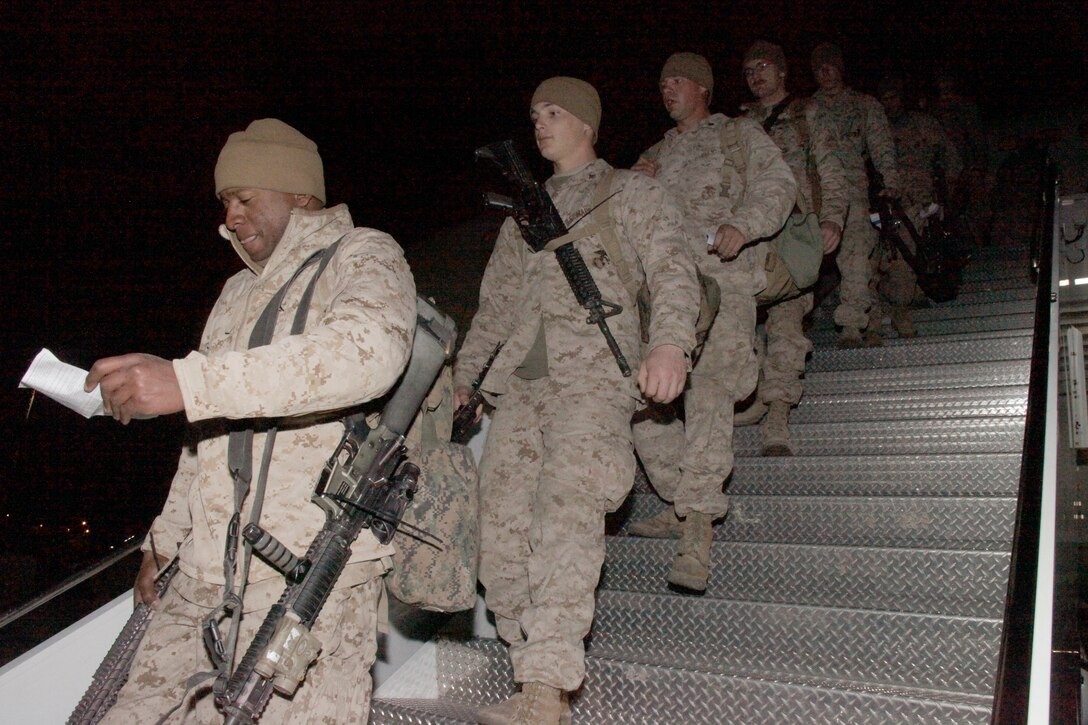 More than 100 Marines and Sailors with 2nd Marine Aircraft Wing (Forward) return to Marine Corps Air Station Cherry Point, N.C. Feb. 5. The majority of the Marines and Sailors were deployed to Afghanistan from six months to a year. Throughout the deployment at sea or in Afghanistan the Marines and Sailors carried out thousands of missions, including troop transport, aerial resupply, close-air support and tactical recovery of aircraft and personnel.