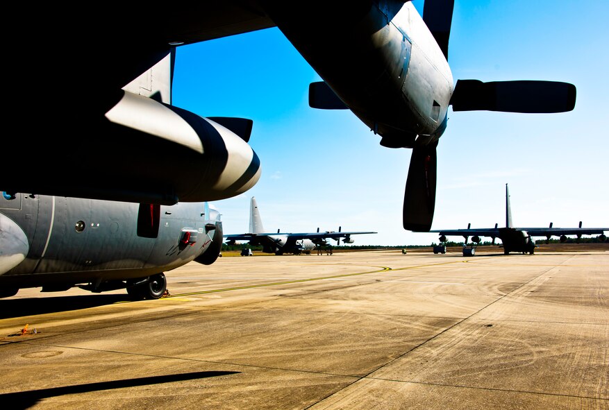 Aircraft 64-0559 and two other MC-130E Combat Talon Is stand at the ready on the Duke Field flightline.  Aircraft 0559 and 0561 (far left) are two of the four Talons scheduled to be retired by the end of fiscal year 2012 as part of the 919th Special Operations Wing’s remissioning. Eventually, all of the Talons will disappear from the Duke flightline to be replaced by an aviation foreign internal defense aircraft.  (U.S. Air Force photo/Tech. Sgt. Samuel King Jr.)