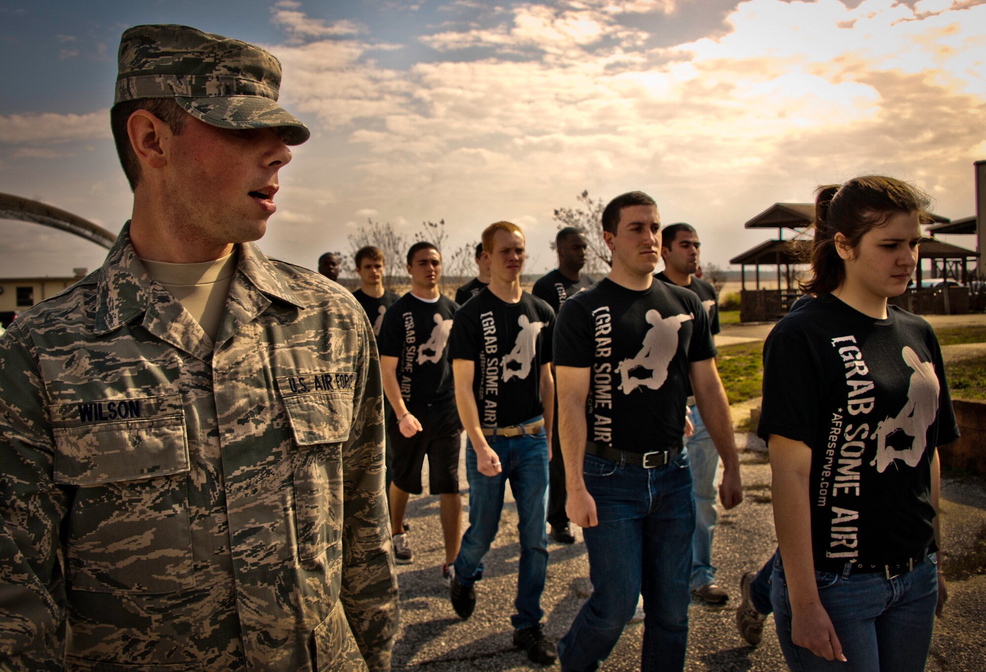 Airman 1st Class John Wilson, of the 919th Special Operations Wing, calls cadence for new Air Force Reserve recruits, who are learning to march at Duke Field, Fla., Feb. 5.  This six-month-old introductory training is a new program for the reserve to help recruits prepare for military life prior to going to basic military training.  (U.S. Air Force photo/Tech. Sgt. Samuel King Jr.)