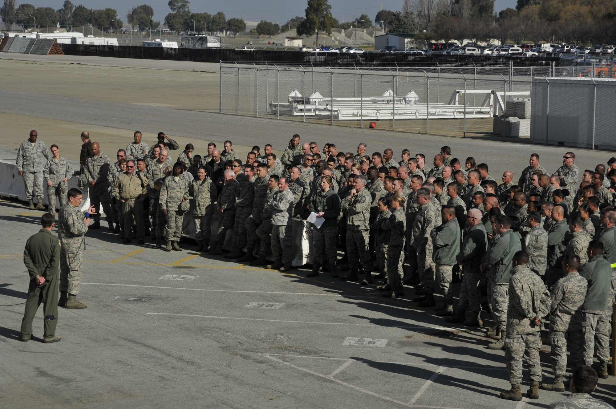 Brig. Gen. James C. Witham, commander of the California Air National Guard, conducts a town hall meeting with 129th Rescue Wing Airmen at Moffett Federal Airfield, Calif., Feb. 4, 2012. This is Witham’s first visit to the 129th since becoming the CA ANG commander and it gave Airmen an opportunity to ask questions about the future of the Guard. (Air National Guard photo by Staff Sgt. Kim E. Ramirez) 