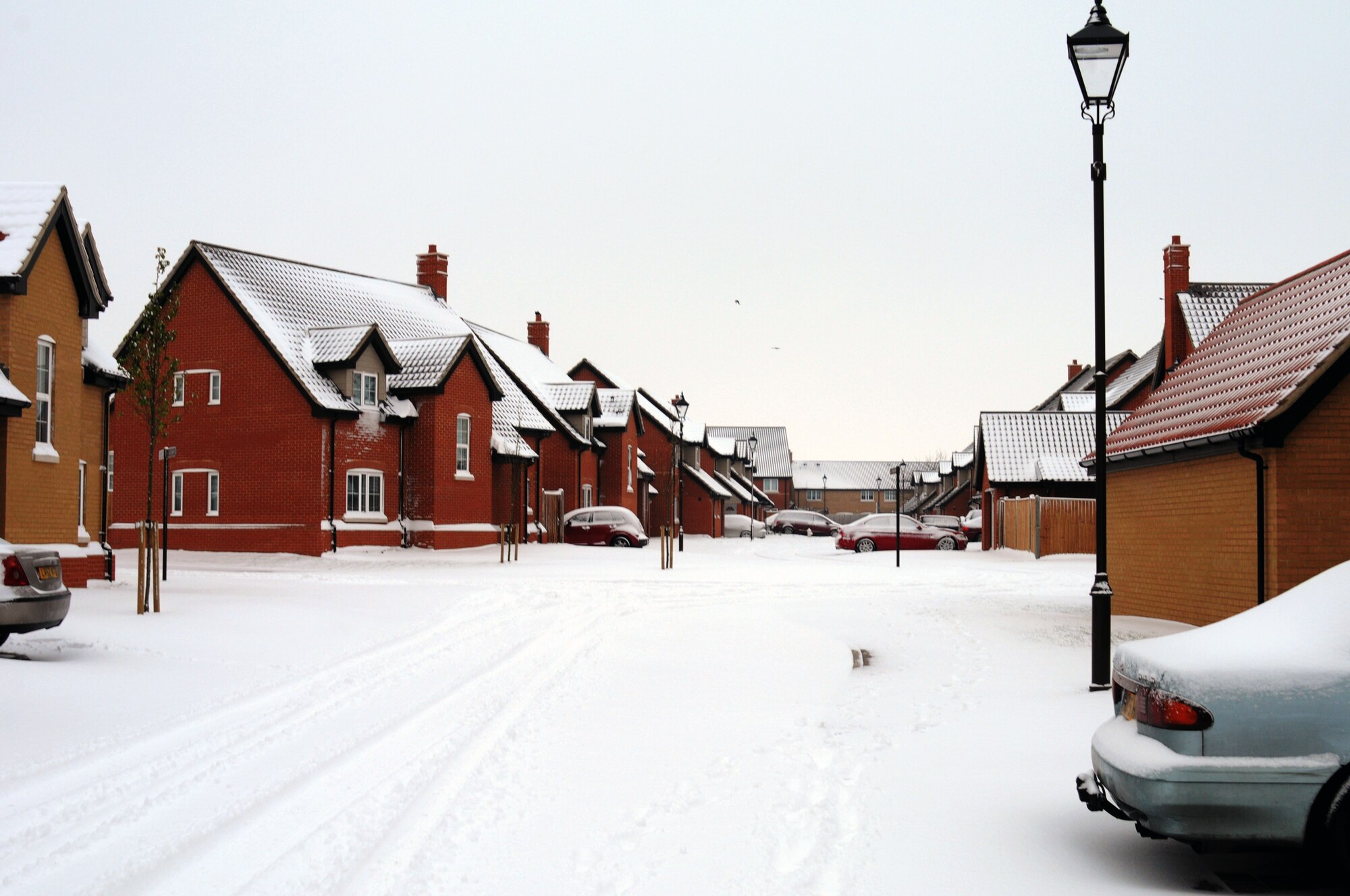 Housing residents at Liberty Village at RAF Lakenheath awoke to more than 3 inches of snow Feb. 5, 2012. The 100th Air Refueling Wing safety office reminds Team Mildenhall to take extra caution when operating motor vehicles or engaging in recreation on snowy or icy roads. (U.S. Air Force photo/Master Sgt. Kevin Wallace)