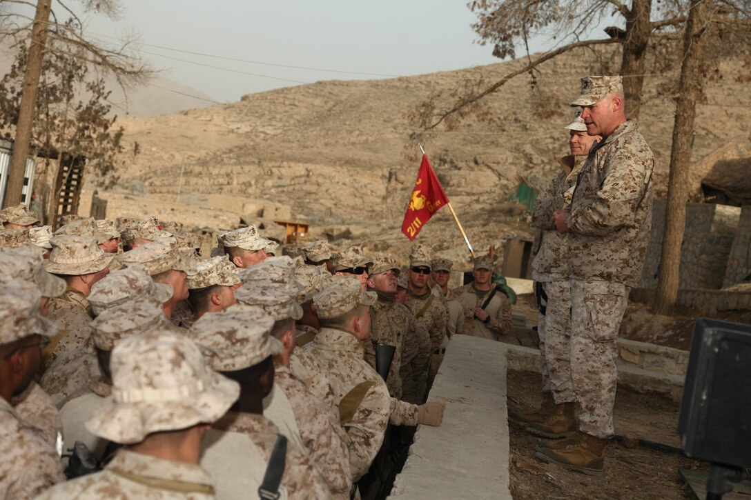 Sgt. Maj. Micheal P. Barrett, the 17th Sergeant Major of the Marine Corps, speaks to Marines from 1st Battalion, 8th Marines in Afghanistan, Feb. 5, 2012. The Commandant and the Sergeant Major of the Marine Corps traveled to Afghanitan to visit troops and commanders throughout the battlespace.