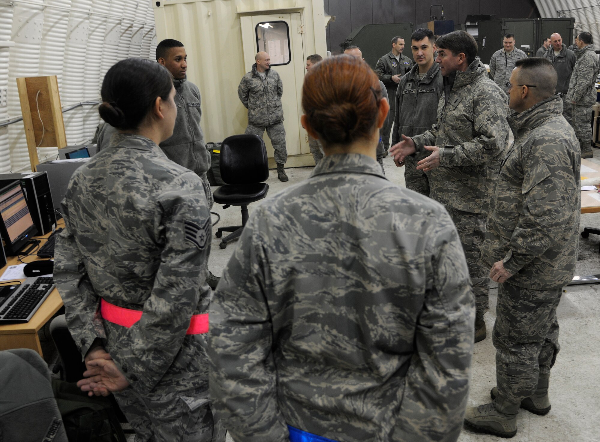 Lt. Gen. Jan-Marc Jouas, 7th Air Force commander, talks to the Airmen from 55th Expeditionary Aircraft Maintenance Unit thanking them for their support to the mission at Kunsan Air Base, Republic of Korea, Jan. 27, 2012. Jouas’ visit to the Wolf Pack was his first since assuming command of the AF. (U.S. Air Force photo by Staff Sgt. Rasheen A. Douglas/Released)