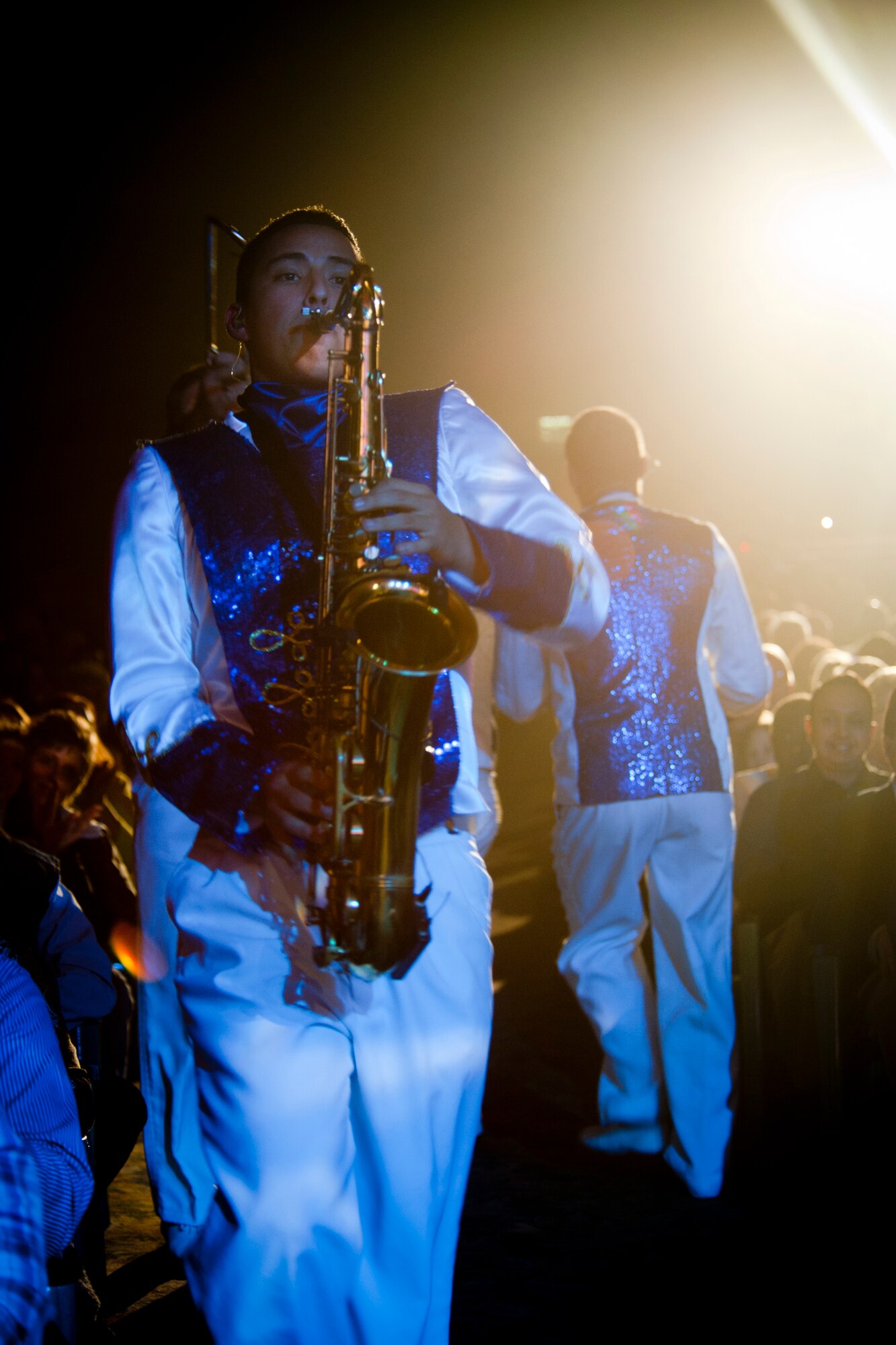 U.S. Air Force Airman 1st Class Gabriel Villanueva, Tops in Blue saxophone player, performs at the Mathis Auditorium, Valdosta, Ga., Feb. 2, 2012. Villanueva is an aircrew flight equipment apprentice with the 436th Operations Support Squadron out of Dover Air Force Base, Del. (U.S. Air Force photo by Staff Sgt. Jamal D. Sutter/Released) 