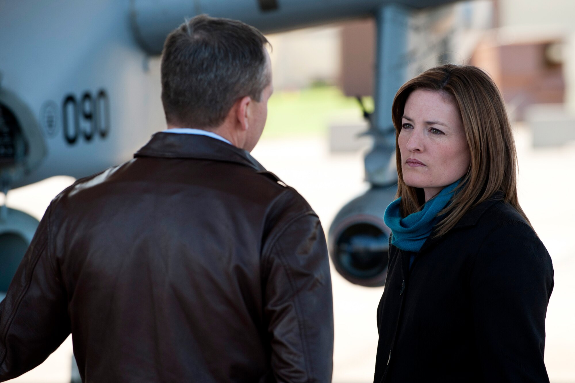 Adria Goins, KSLA News12 reporter/anchor, listens to U.S. Air Force Lt. Col. John Breazeale, 917th Fighter Group commander, during an interview on Barksdale Air Force Base, La., Feb. 6, 2012. The interview focused on the recent decision by the Department of Defense to retire 21 A-10 Thunderbolt II aircraft at Barksdale, which are currently assigned to the fighter group. (U.S. Air Force photo by Master Sgt. Greg Steele/Released)