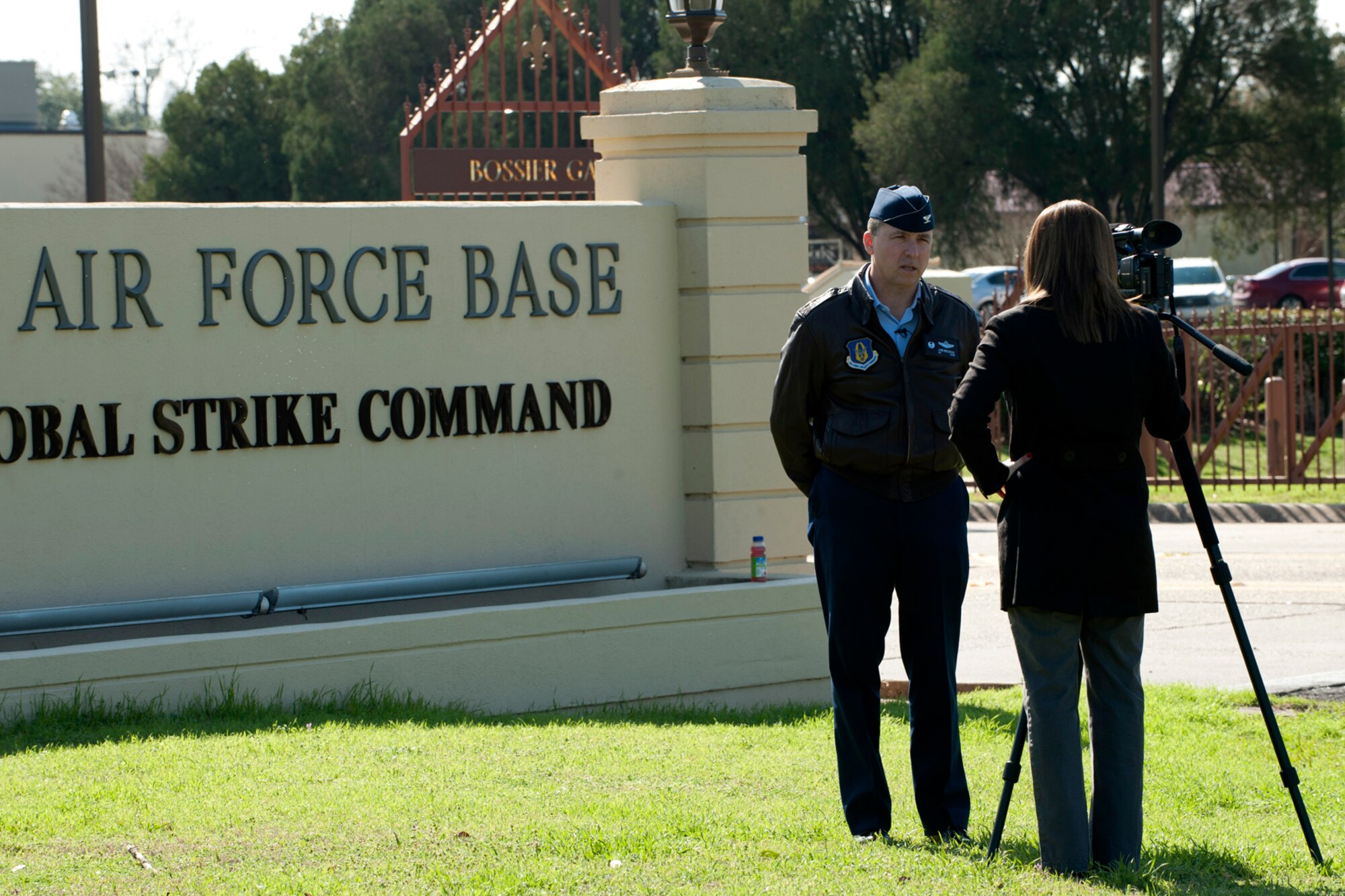 U.S. Air Force Lt. Col. John Breazeale, 917th Fighter Group commander, is interviewed by Adria Goins, KSLA News12 reporter/anchor, on Barksdale Air Force Base, La., Feb. 6, 2012. The interview focused on the recent Department of Defense decision to cut 21 A-10s from Barksdale.  (U.S. Air Force photo by Master Sgt. Greg Steele/ Released)