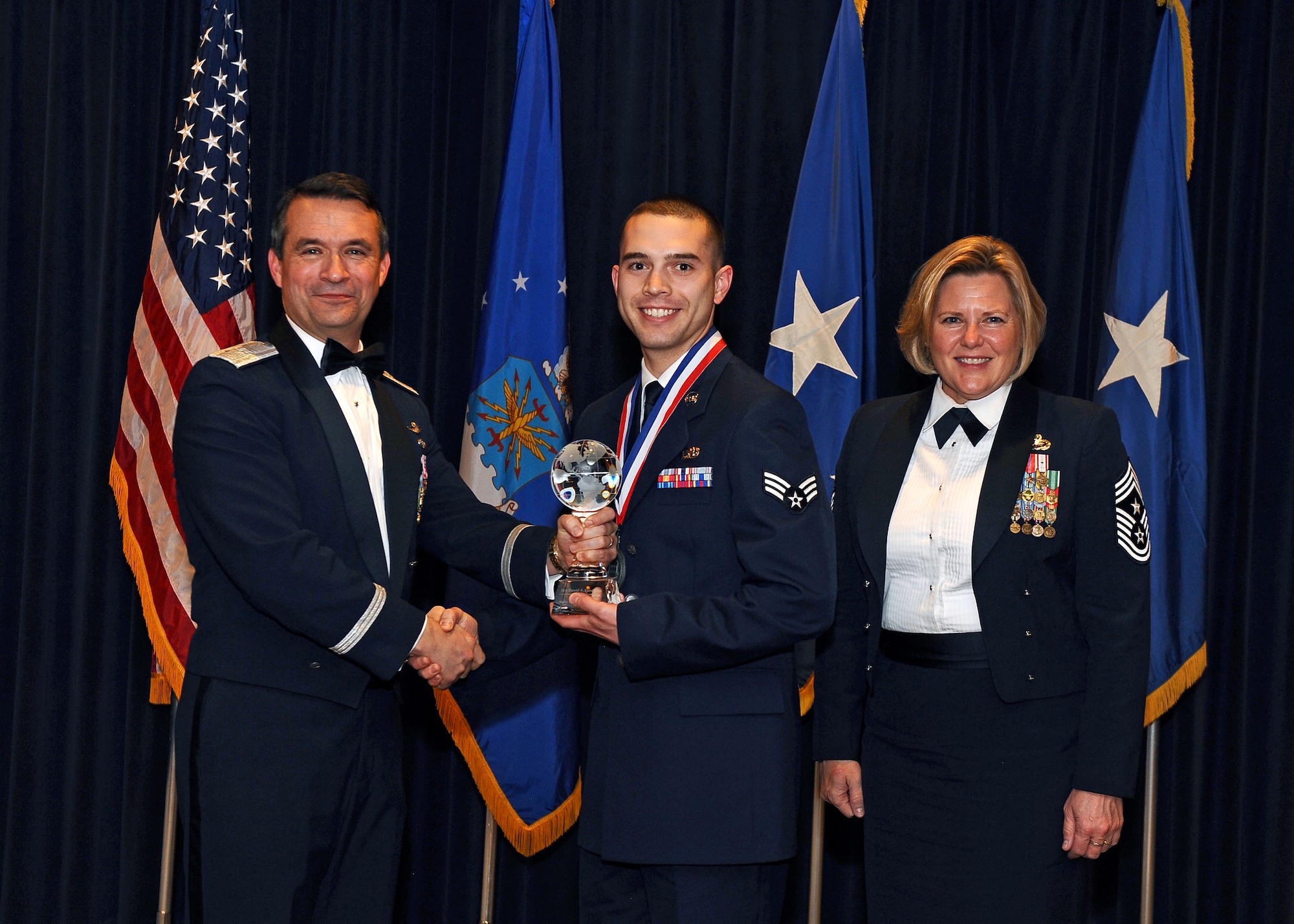 Senior Airman David Landrum, 55th Maintenance Group, was named the Honor Guard Airman of the Year during the 55th Wing Annual Awards Banquet at Offutt Air Force Base's Patriot Club Feb. 3.  (U.S. Air Force Photo by Josh Plueger/Released)