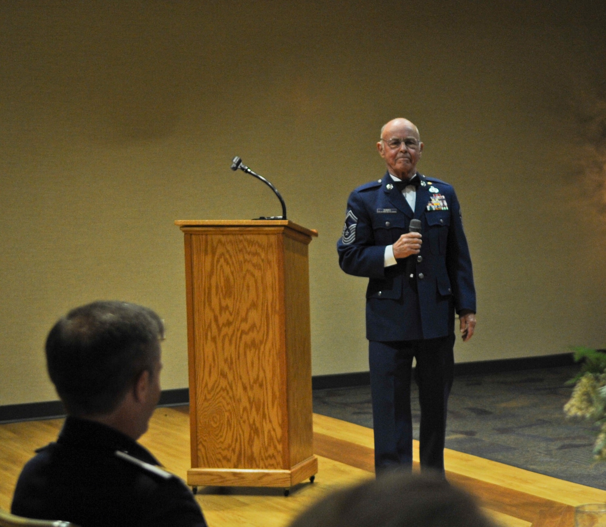 Retired Chief Master Sgt. Earl Hendrix speaks to Team Moody members during a Chief Recognition Ceremony at Moody Air Force Base, Ga., Feb. 4, 2012. Hendrix was stationed at Moody in 1979 as the senior enlisted advisor. (U.S. Air Force photo by Airman 1st Class Olivia Dominique/Released)