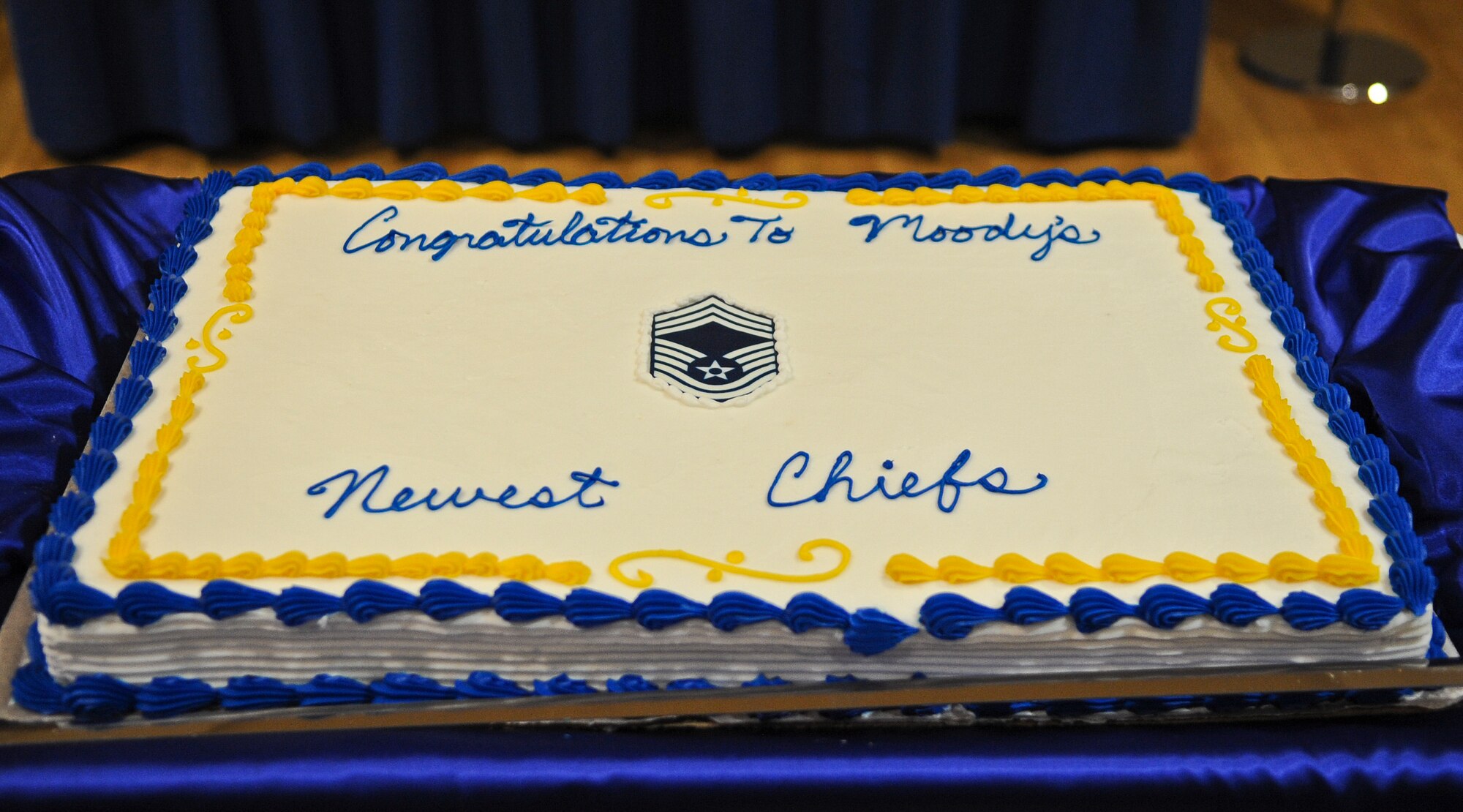 A Chief Recognition Ceremony cake waits to be cut at Moody Air Force Base, Ga., Feb. 4, 2012. Only one percent of the enlisted force can hold the rank of chief master sergeant. (U.S. Air Force photo by Airman 1st Class Olivia Dominique/Released)