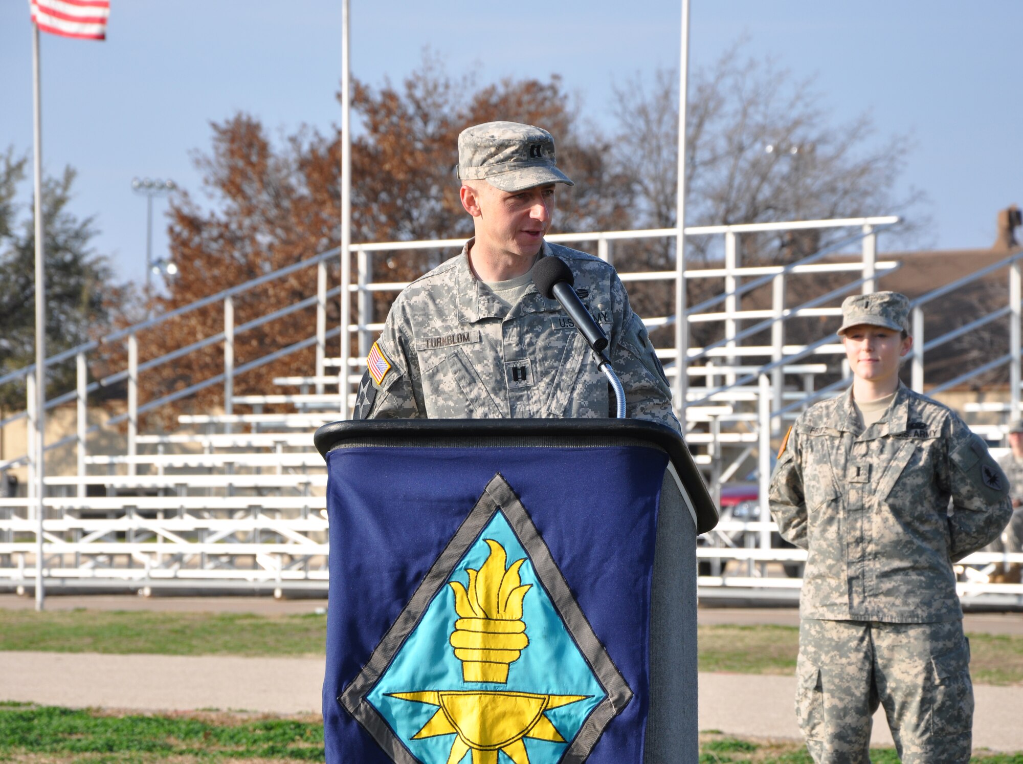 GOODFELLOW AIR FORCE BASE, Texas—Army Capt. Kevin Turnblom, 344th Military Intelligence Battalion Alpha Company Commander,  addresses his troops for the first time on the parade field here after assuming command Feb. 3.  Capt. Turnblom was previously stationed at Ft. Huachuca, Ariz. (U.S. Air Force photo/Airman 1st Class Jessica Keith) 